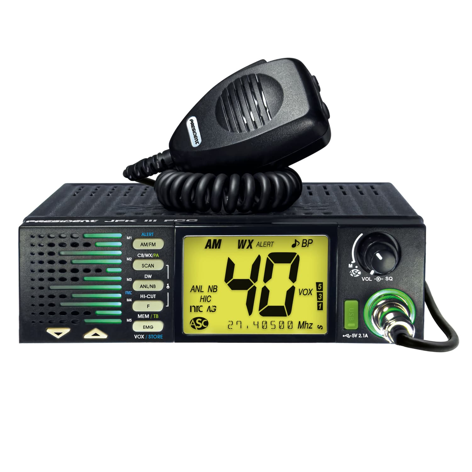 President TXUS910 JFK III FCC 40-Channel Trucker CB Radio with AM/FM/PA Modes, NOAA Alerts Front-Firing Flashing RX/TX Speaker, Scan Skip, USB, Mic