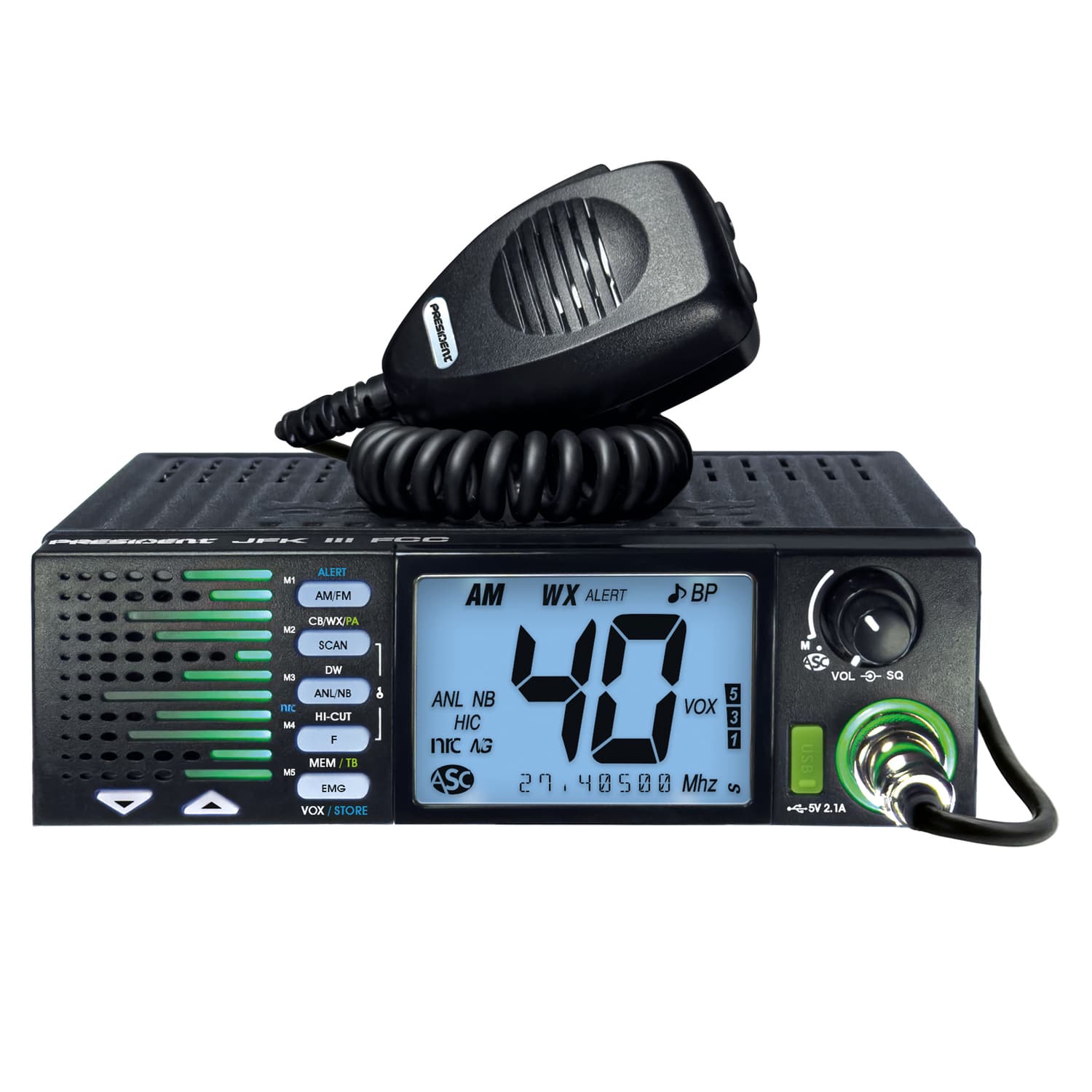 President TXUS910 JFK III FCC 40-Channel Trucker CB Radio with AM/FM/PA Modes, NOAA Alerts Front-Firing Flashing RX/TX Speaker, Scan Skip, USB, Mic