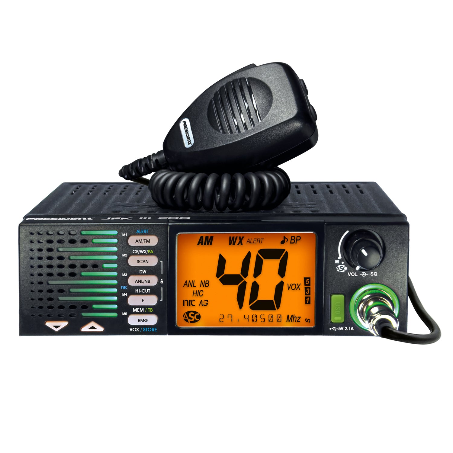 President TXUS910 JFK III FCC 40-Channel Trucker CB Radio with AM/FM/PA Modes, NOAA Alerts Front-Firing Flashing RX/TX Speaker, Scan Skip, USB, Mic