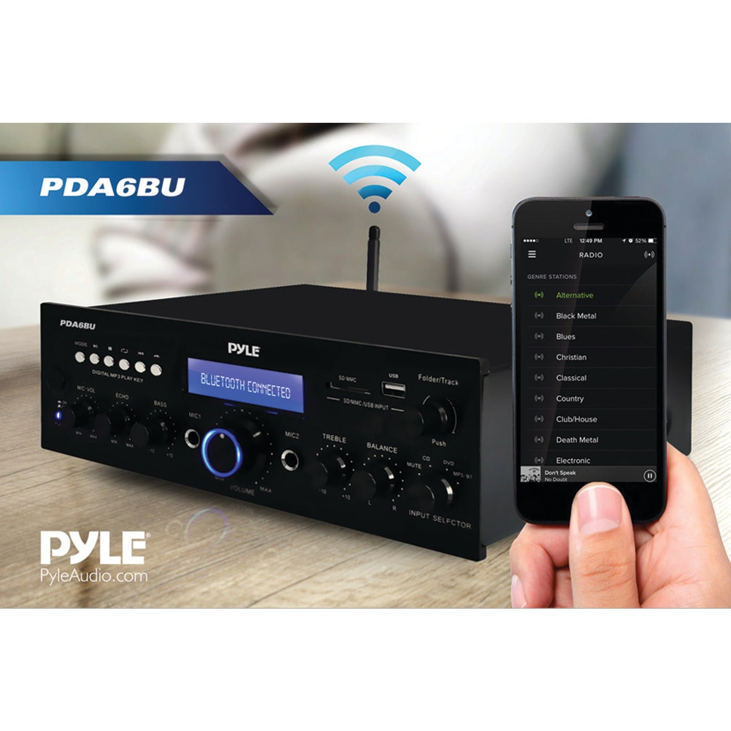 Pyle 2.0-Channel 200-Watt-Max Bluetooth Compact Stereo Amplifier/Receiver with 2 Mic Inputs, FM Radio, USB, microSD, and Remote, PDA6BU