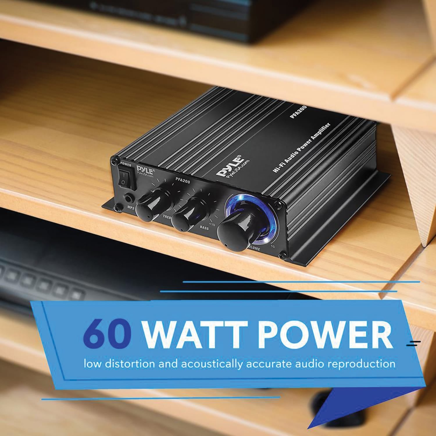 Pyle 60-Watt 2.0-Channel Class-T Mini Amplifier with Mic Input, Aux, and AC Adapter, PFA200