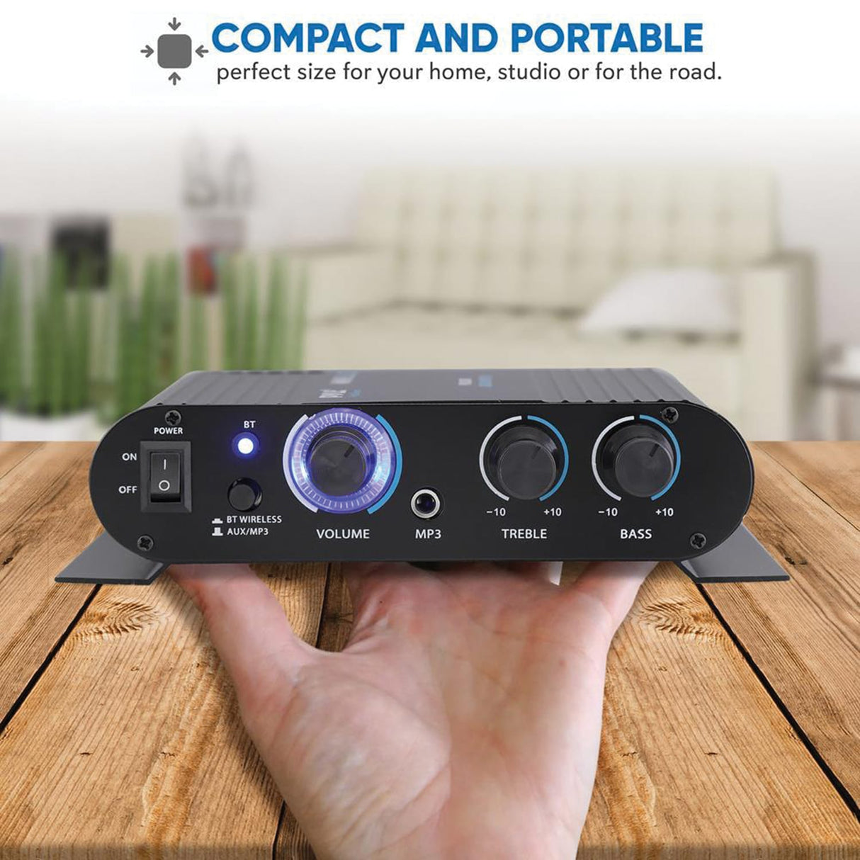 Pyle 90-Watt-Peak 2.0-Channel Class-T Mini Amplifier with Bluetooth, Mic Input, Aux, and AC Adapter, PFA330BT