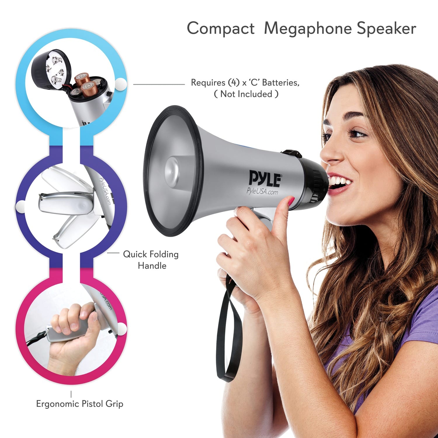 Pyle Battery-Operated Compact and Portable Megaphone Speaker with Siren Alarm Mode, Silver