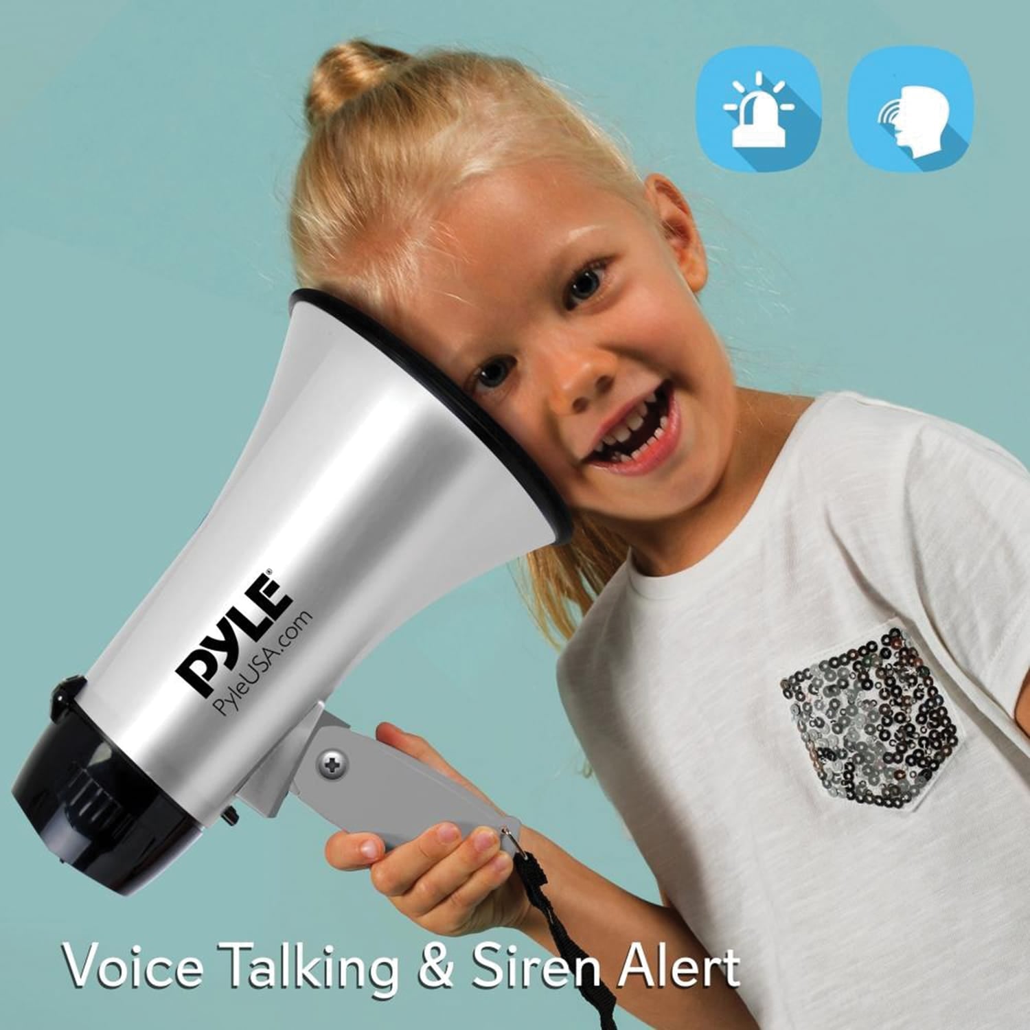Pyle Battery-Operated Compact and Portable Megaphone Speaker with Siren Alarm Mode, Silver