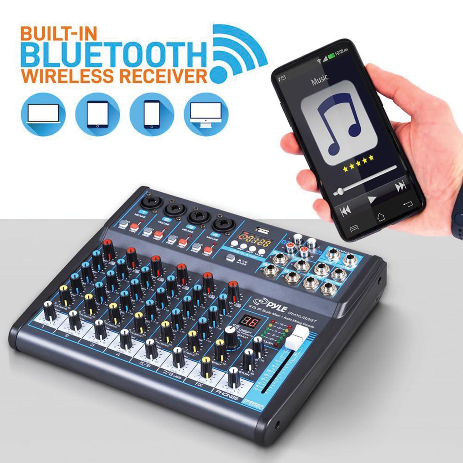 Pyle 8-Channel Bluetooth Pro Audio DJ Sound Mixer