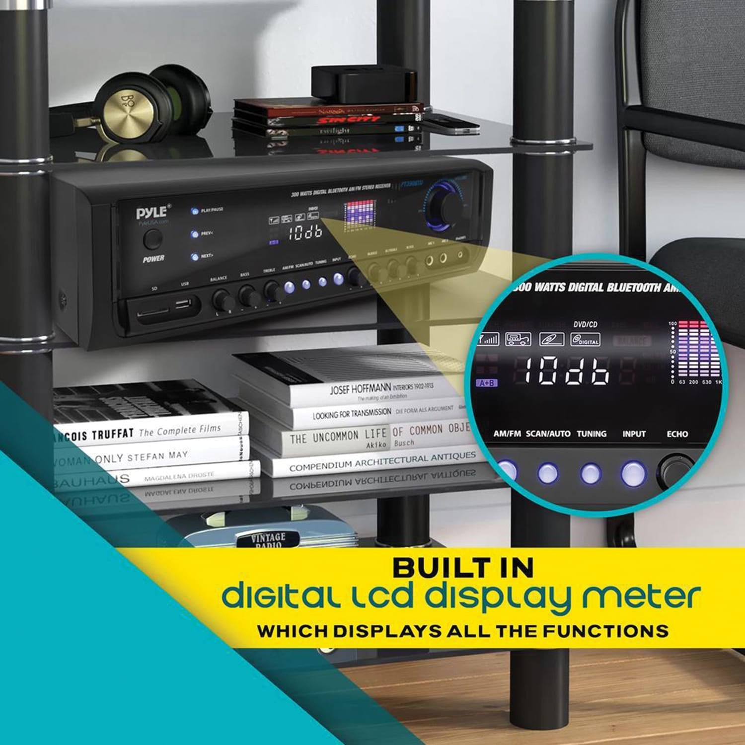 Pyle 4-Channel 300-Watt-Max Bluetooth Amplifier/Receiver with 2 Mic Inputs, AM/FM Radio, USB, SD, Aux, and Remote, PT390BTU