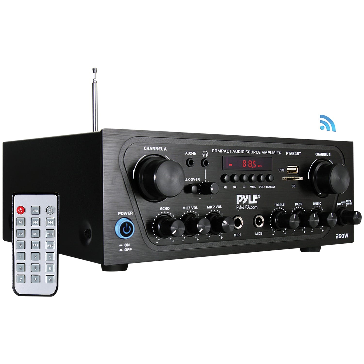 Pyle 2.0-Channel 250-Watt-Max Bluetooth Stereo Amplifier/Receiver with 2 Mic Inputs, Sub Out, FM Radio, USB, microSD, and Remote, PTA24BT