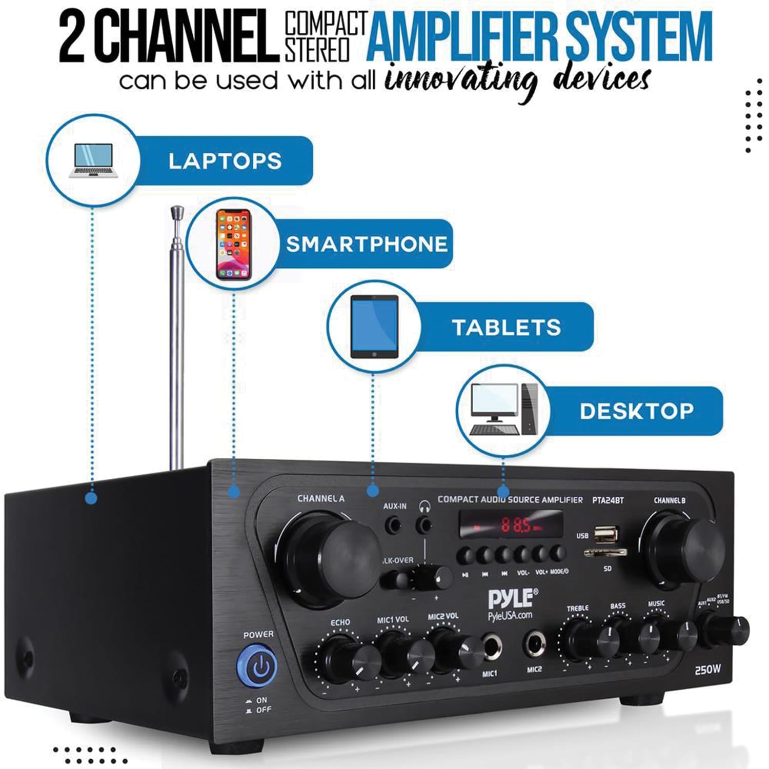 Pyle 2.0-Channel 250-Watt-Max Bluetooth Stereo Amplifier/Receiver with 2 Mic Inputs, Sub Out, FM Radio, USB, microSD, and Remote, PTA24BT