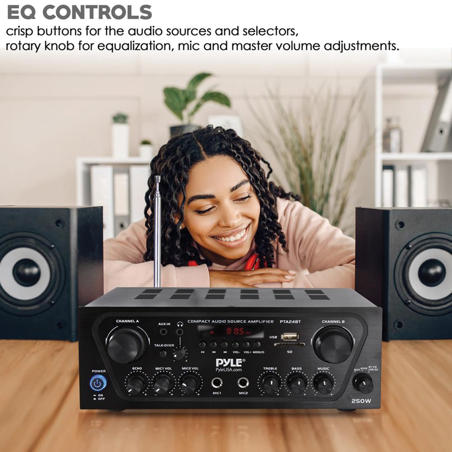 Pyle 2.0-Channel 250-Watt-Max Bluetooth Stereo Amplifier/Receiver with 2 Mic Inputs, Sub Out, FM Radio, USB, microSD, and Remote, PTA24BT