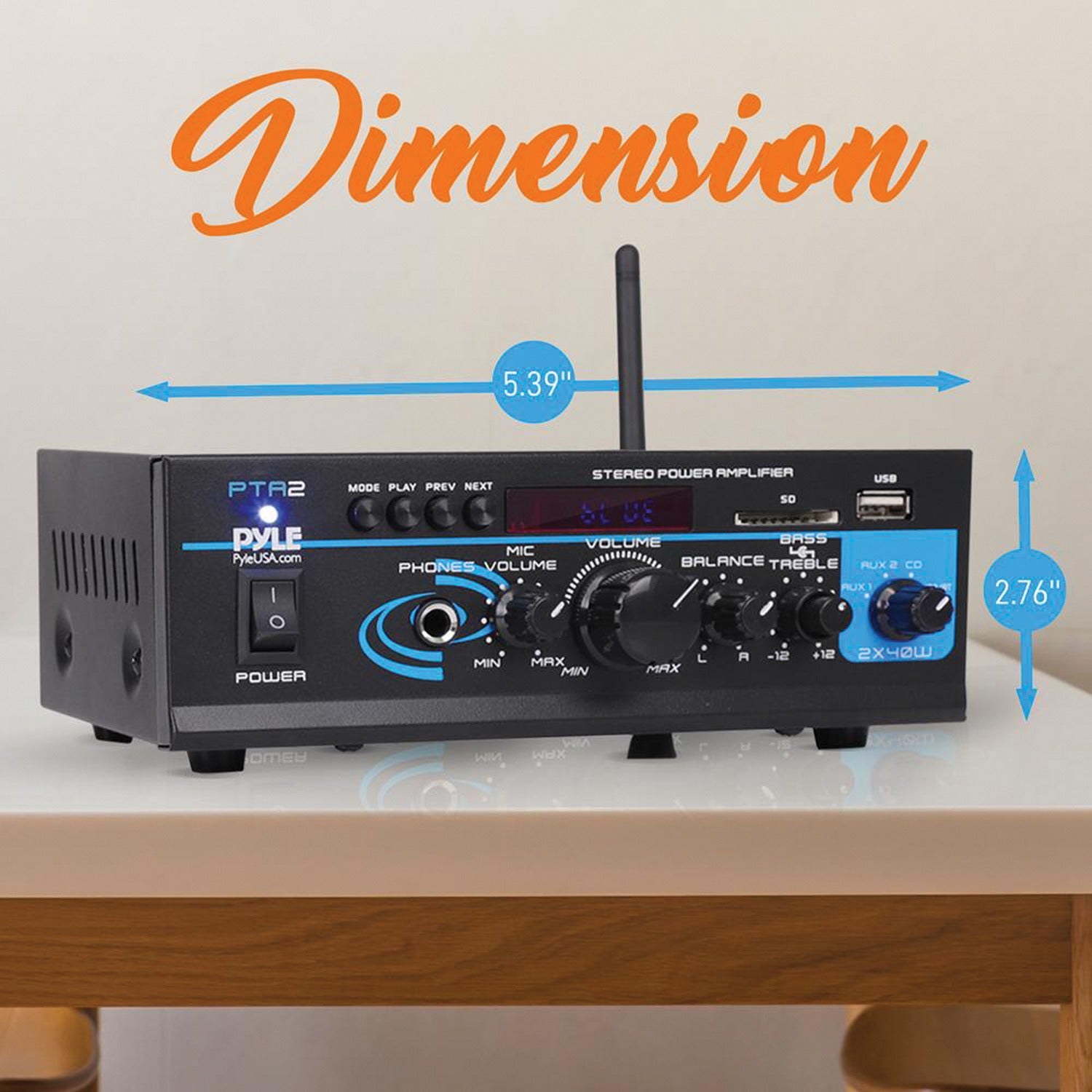 Pyle 80-Watt 2.0-Channel Mini Amplifier/Mixer/Pager with Bluetooth, Mic Input, FM Radio, USB, SD Card, Aux, and Remote, PTA2
