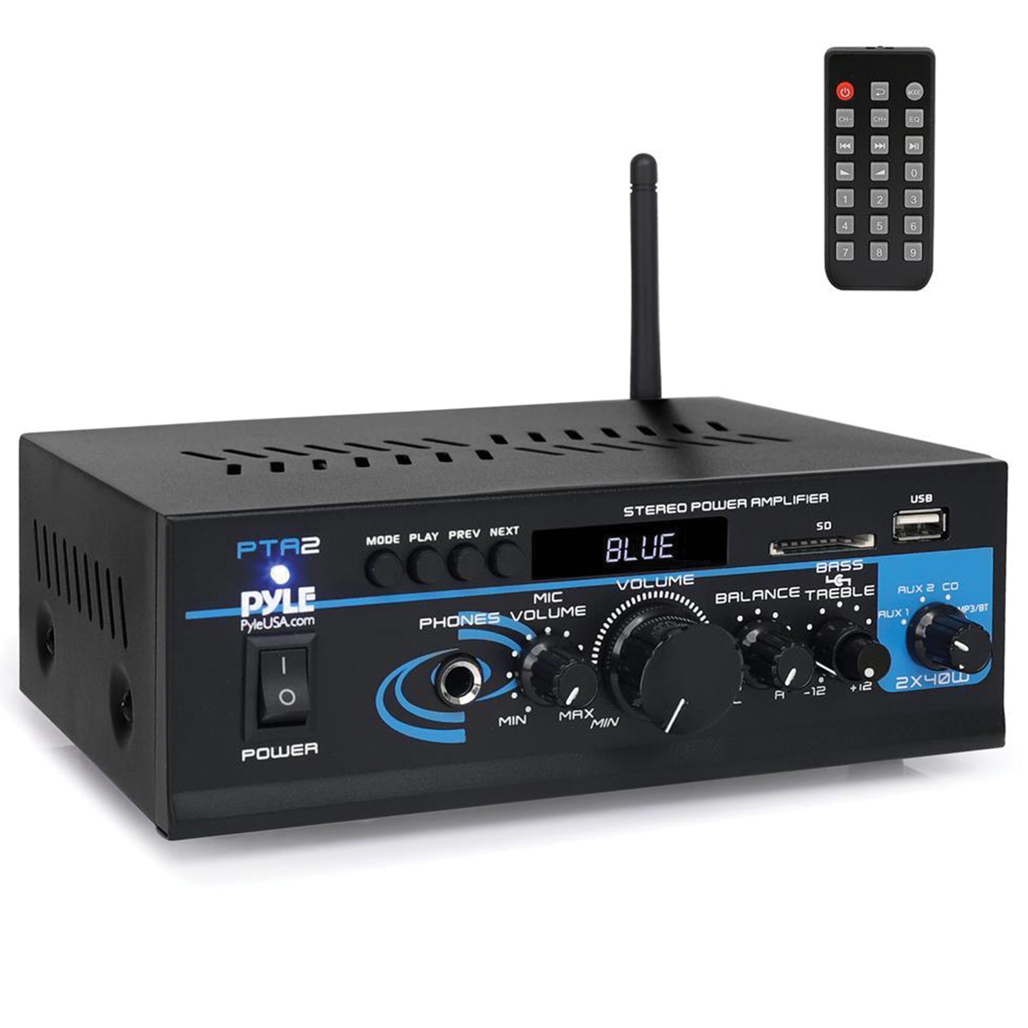 Pyle 80-Watt 2.0-Channel Mini Amplifier/Mixer/Pager with Bluetooth, Mic Input, FM Radio, USB, SD Card, Aux, and Remote, PTA2