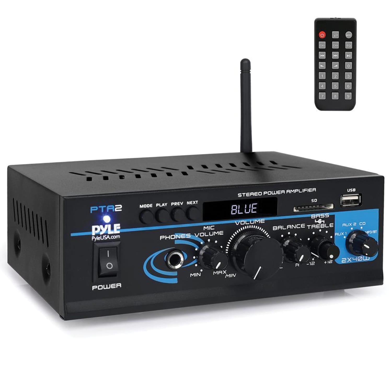 Pyle 80-Watt 2.0-Channel Mini Amplifier/Mixer/Pager with Bluetooth, Mic Input, FM Radio, USB, SD Card, Aux, and Remote, PTA2