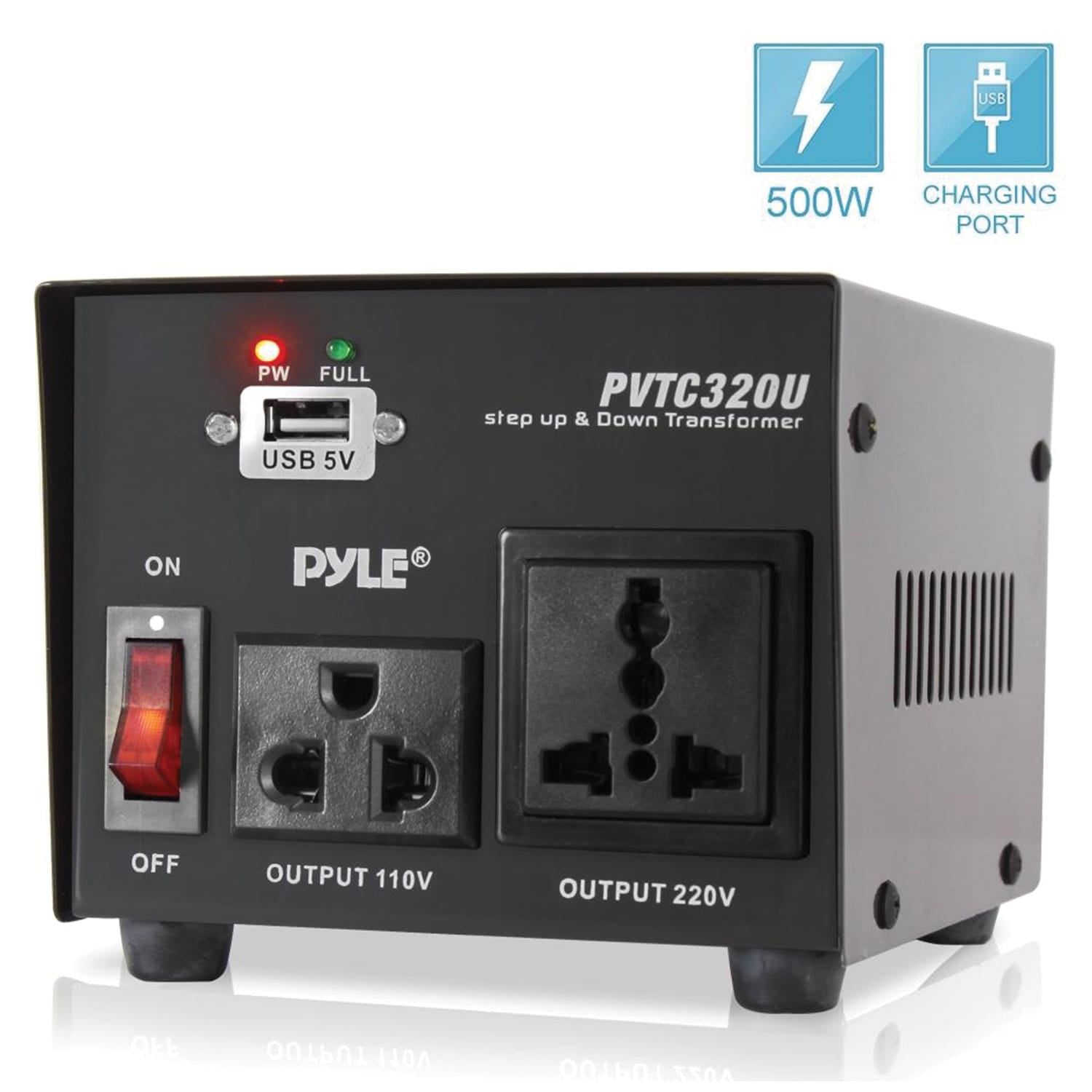 Pyle Step Up and Step Down 500-Watt Voltage Converter Transformer with USB Charging Port