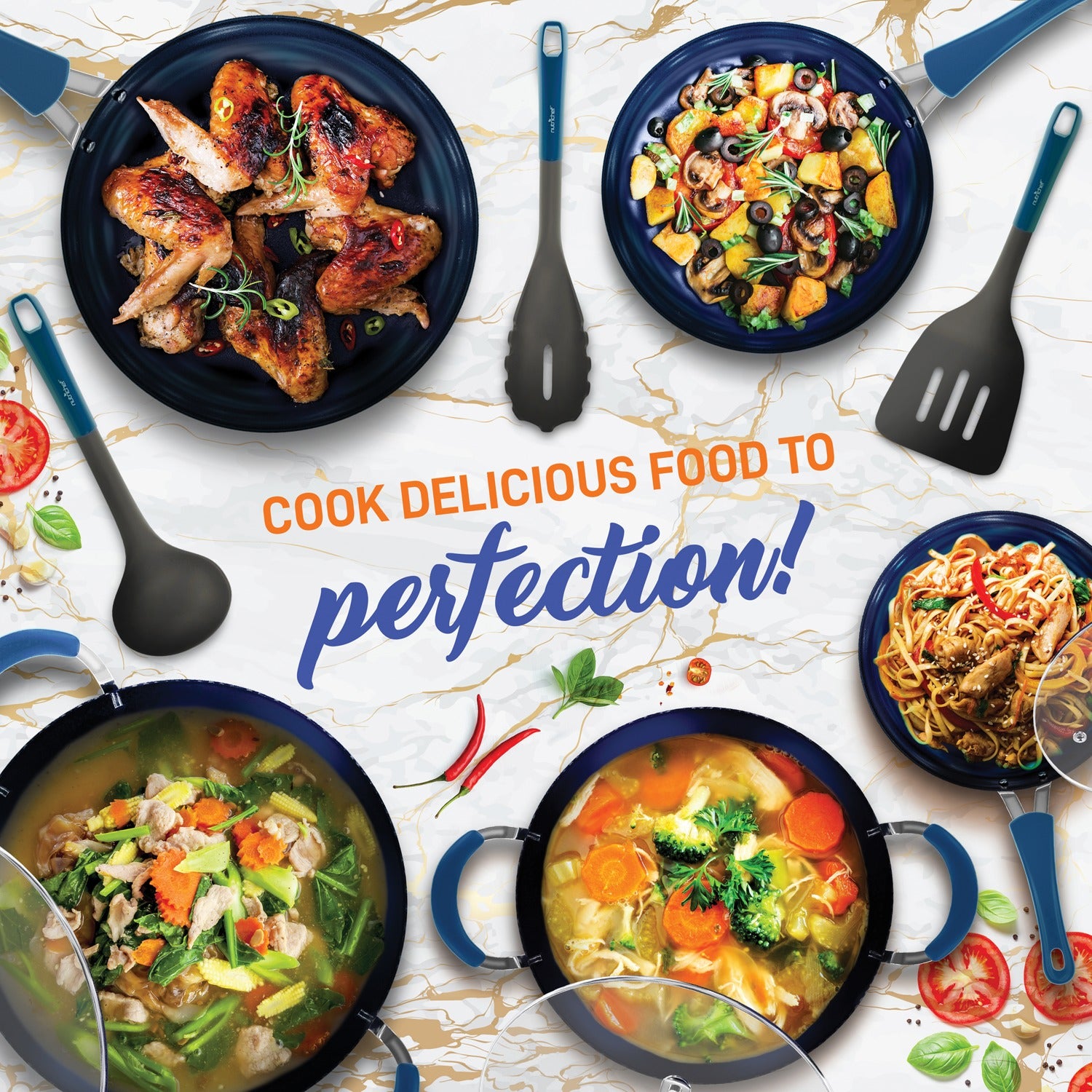 NutriChef Diamond Home Kitchen Cookware Set, Blue