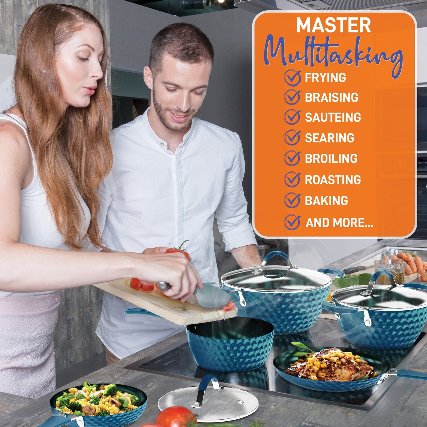 NutriChef Diamond Home Kitchen Cookware Set, Blue