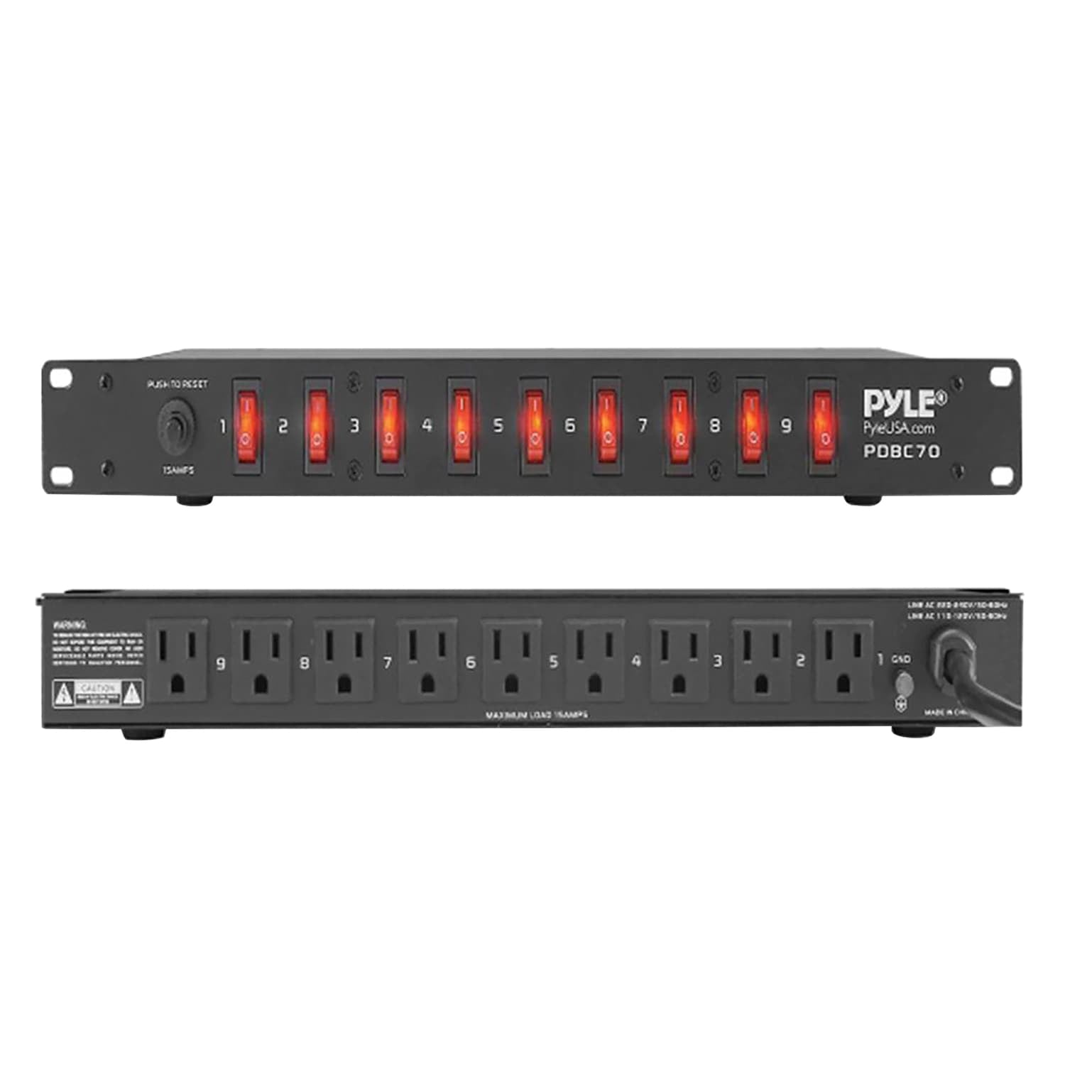 Pyle 9-Outlet 15-Amp 150-Joules Power Supply Control Unit, AC Noise Filter, Steel Chassis, Rack Mountable, PDBC70