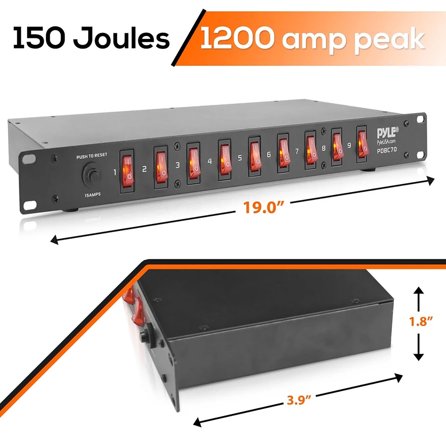 Pyle 9-Outlet 15-Amp 150-Joules Power Supply Control Unit, AC Noise Filter, Steel Chassis, Rack Mountable, PDBC70