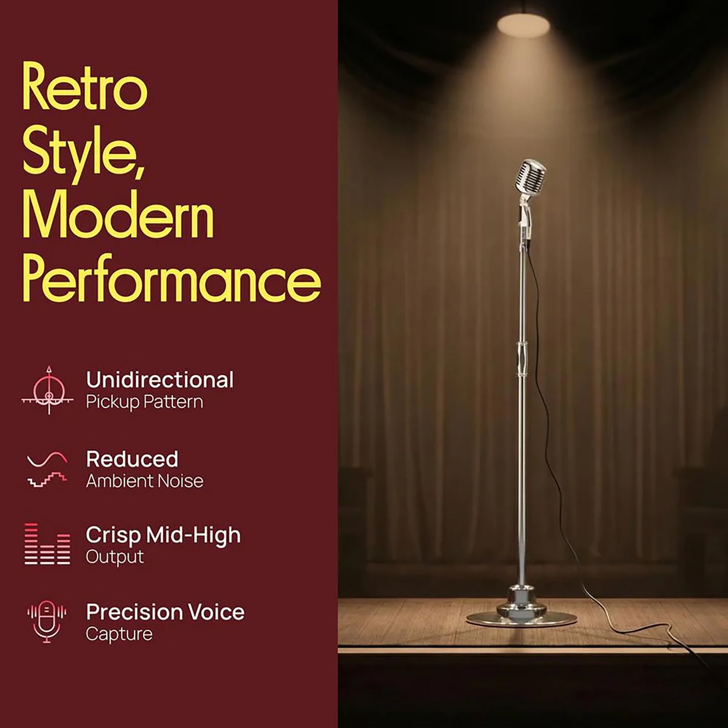 Pyle Wired Classic Retro Vintage-Style Detachable Unidirectional Microphone with Telescoping and Pivoting Stand, Silver Finish