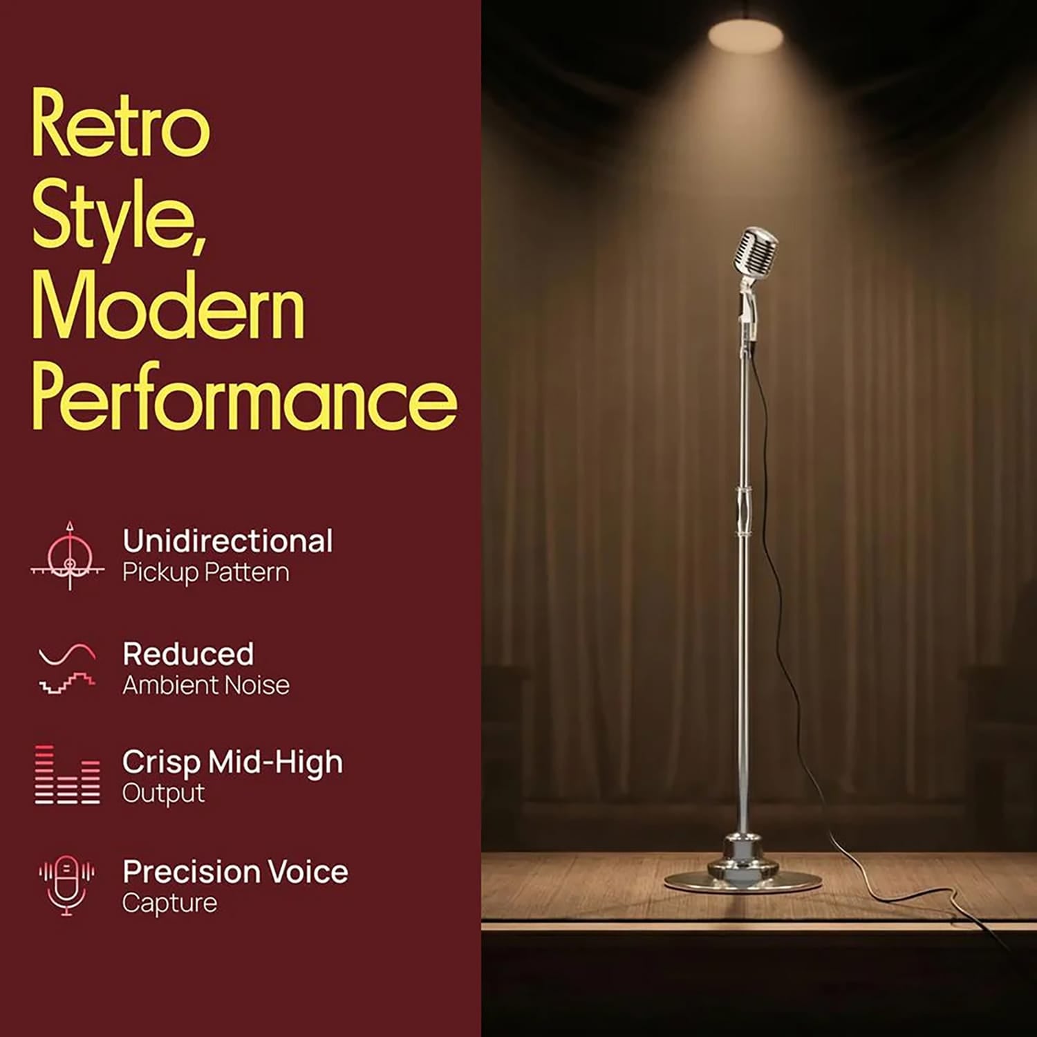 Pyle Wired Classic Retro Vintage-Style Detachable Unidirectional Microphone with Telescoping and Pivoting Stand, Silver Finish