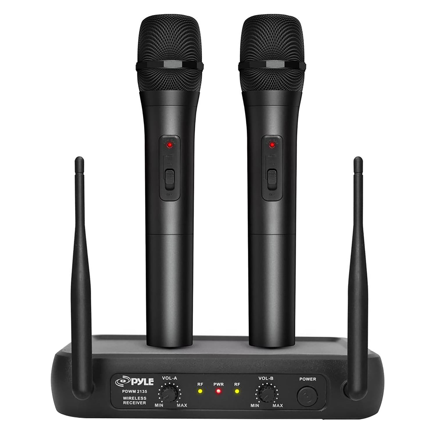 Pyle VHF Dual-Channel Fixed-Frequency Wireless Microphone System with 2 Handheld Microphones, Adjustable Volume, PDWM2135