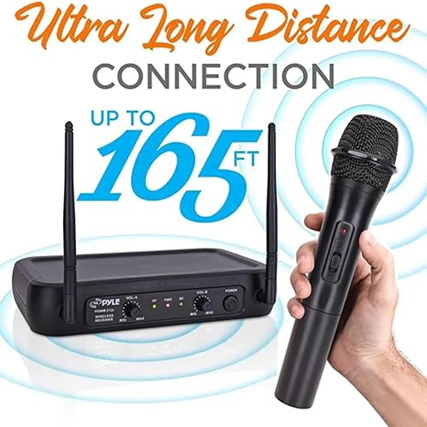Pyle VHF Dual-Channel Fixed-Frequency Wireless Microphone System with 2 Handheld Microphones, Adjustable Volume, PDWM2135