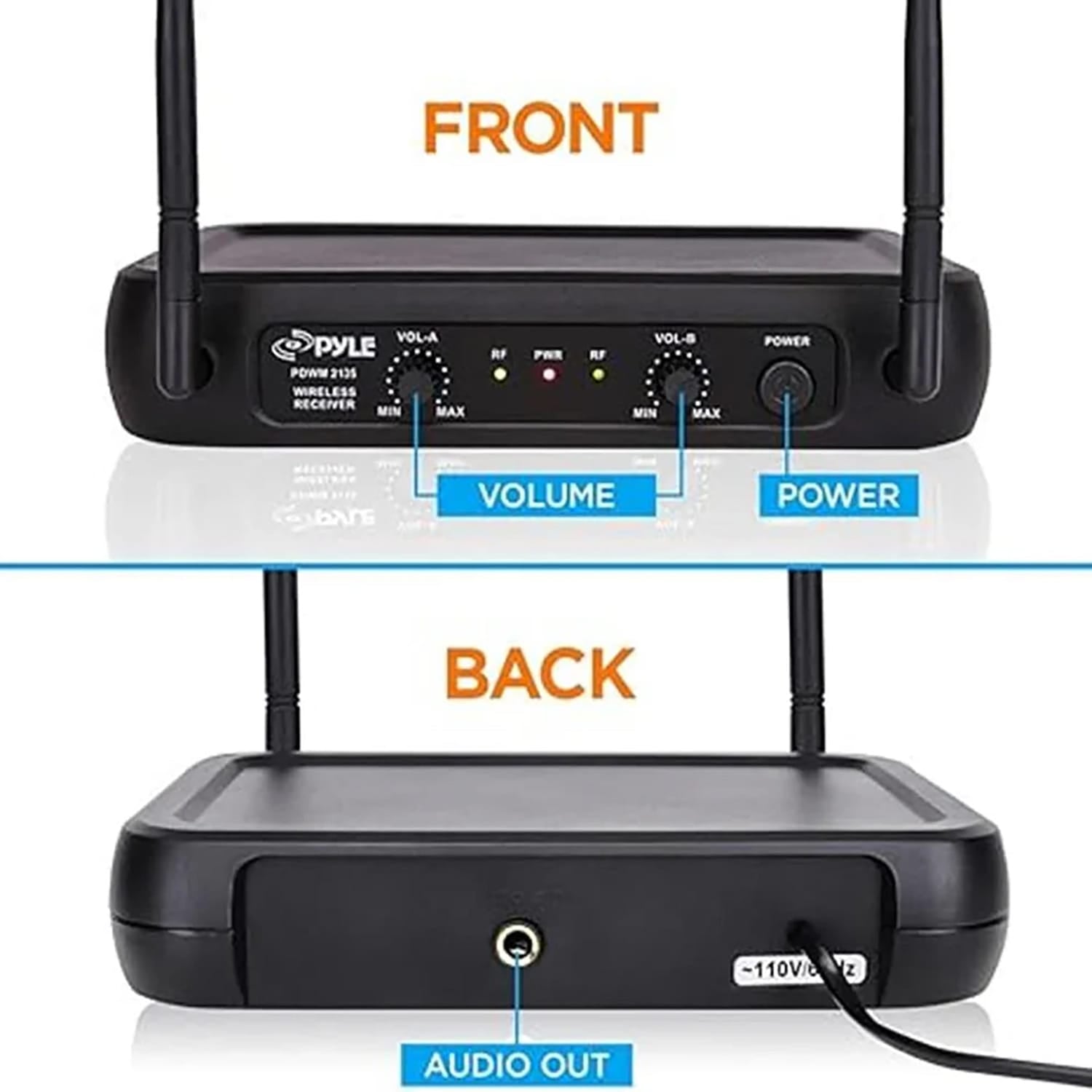 Pyle VHF Dual-Channel Fixed-Frequency Wireless Microphone System with 2 Handheld Microphones, Adjustable Volume, PDWM2135
