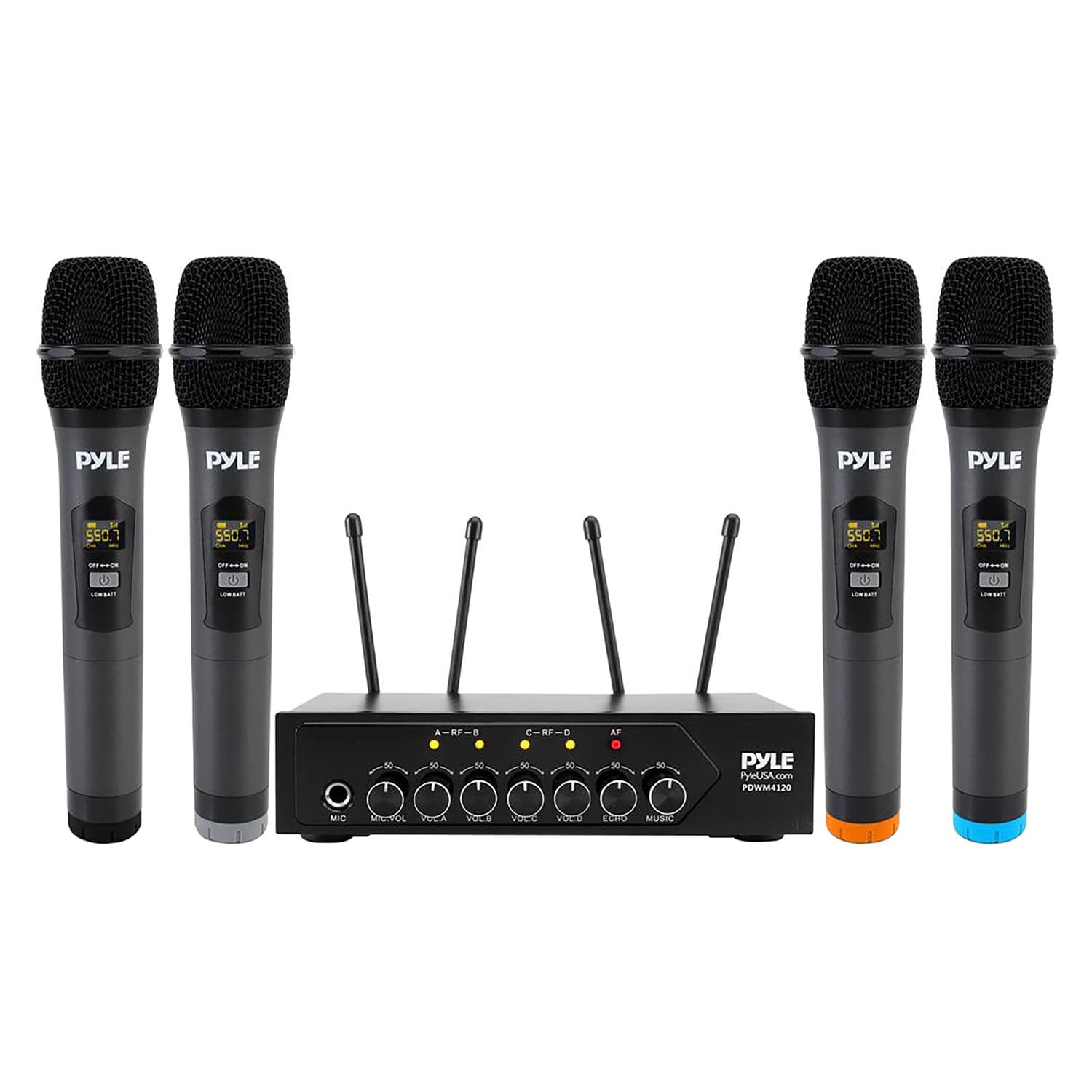 Pyle Home and Office UHF 50-Channel Wireless Microphone System with 4 Handheld Microphones, Bluetooth Input, Adjustable Volume, PDWM4120