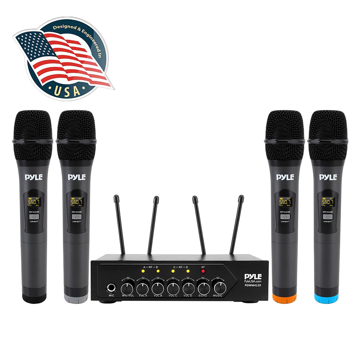 Pyle Home and Office UHF 50-Channel Wireless Microphone System with 4 Handheld Microphones, Bluetooth Input, Adjustable Volume, PDWM4120