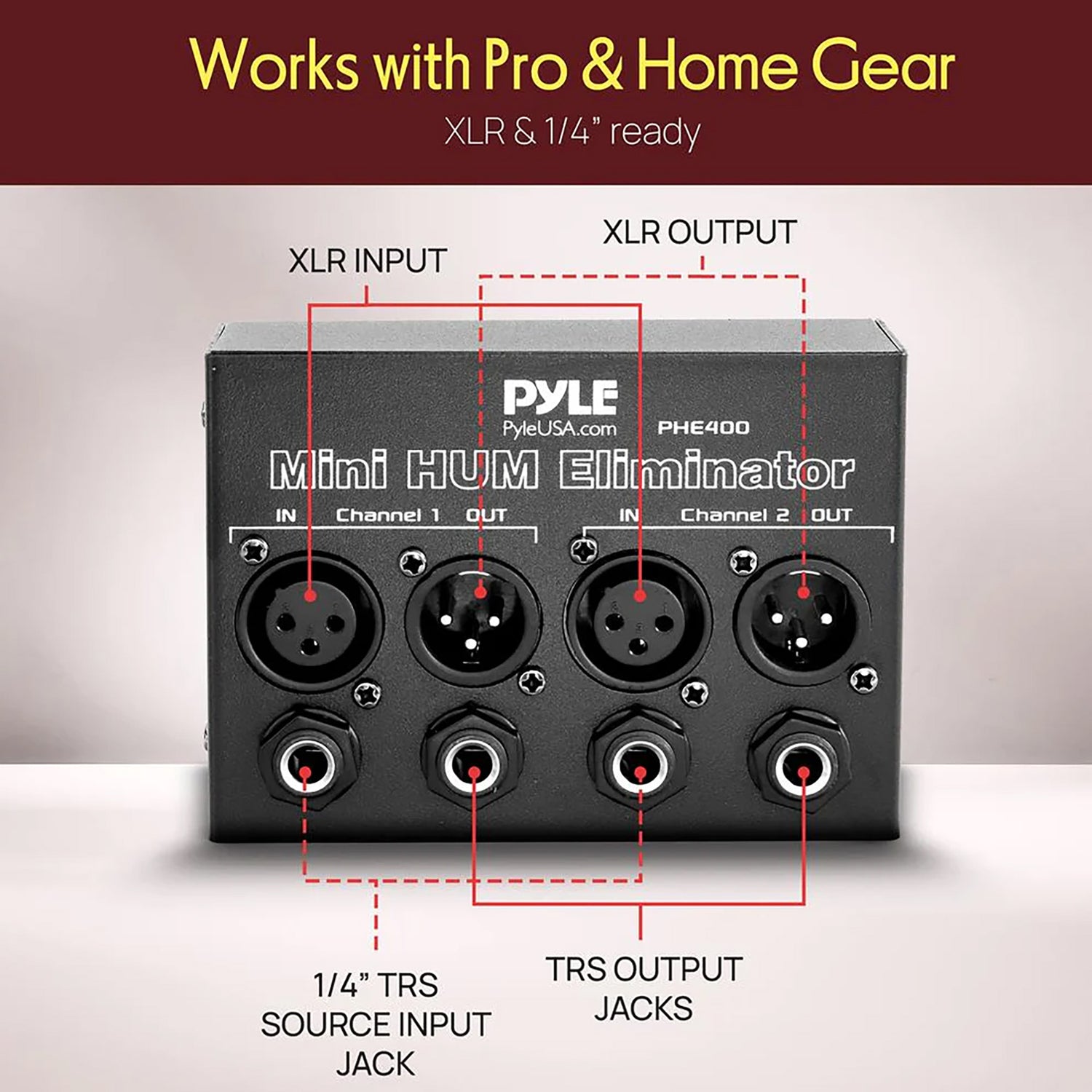 Pyle 2-Channel Mini 60-Hz AC Hum Eliminator Box with XLR and TRS Inputs/Outputs, PHE400