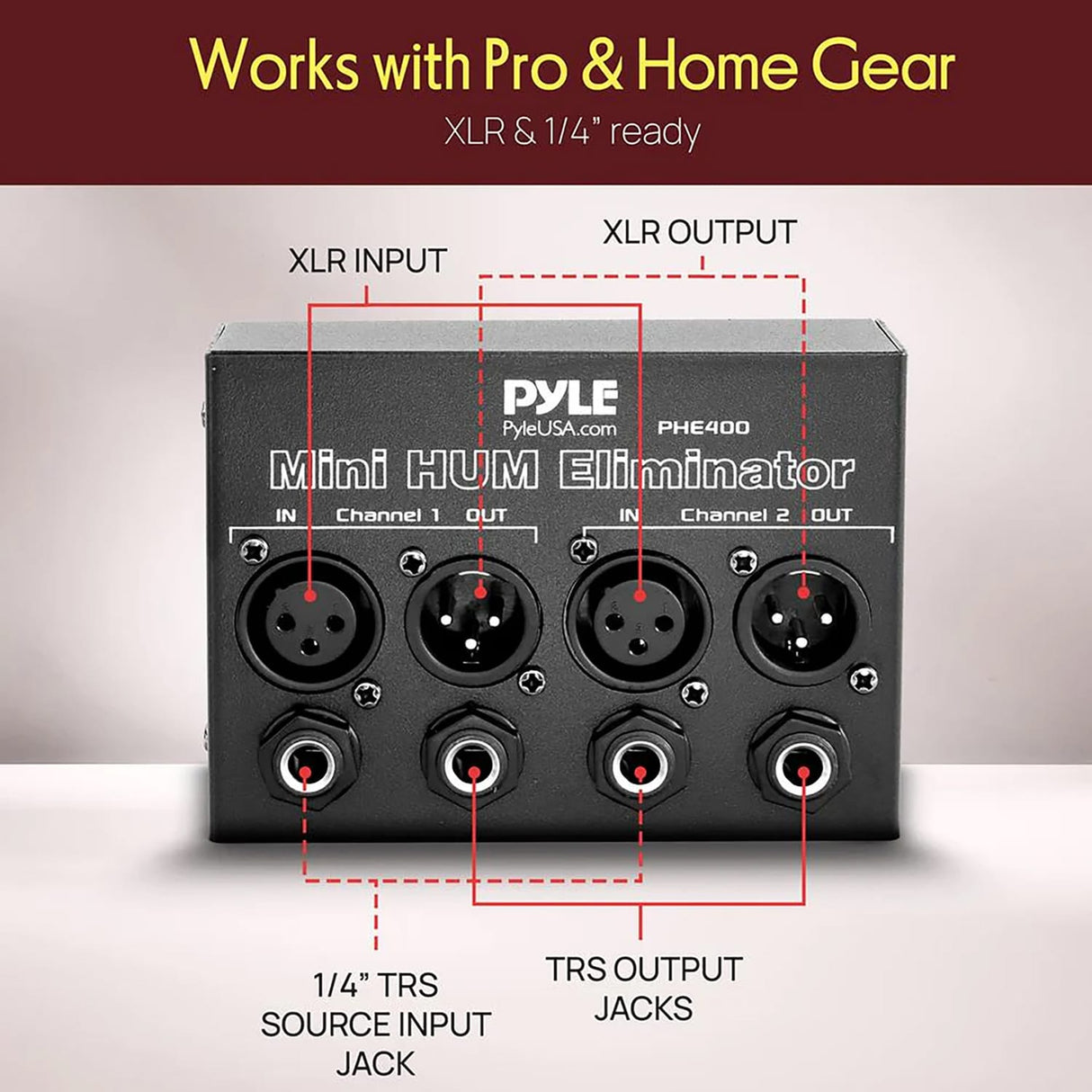 Pyle 2-Channel Mini 60-Hz AC Hum Eliminator Box with XLR and TRS Inputs/Outputs, PHE400