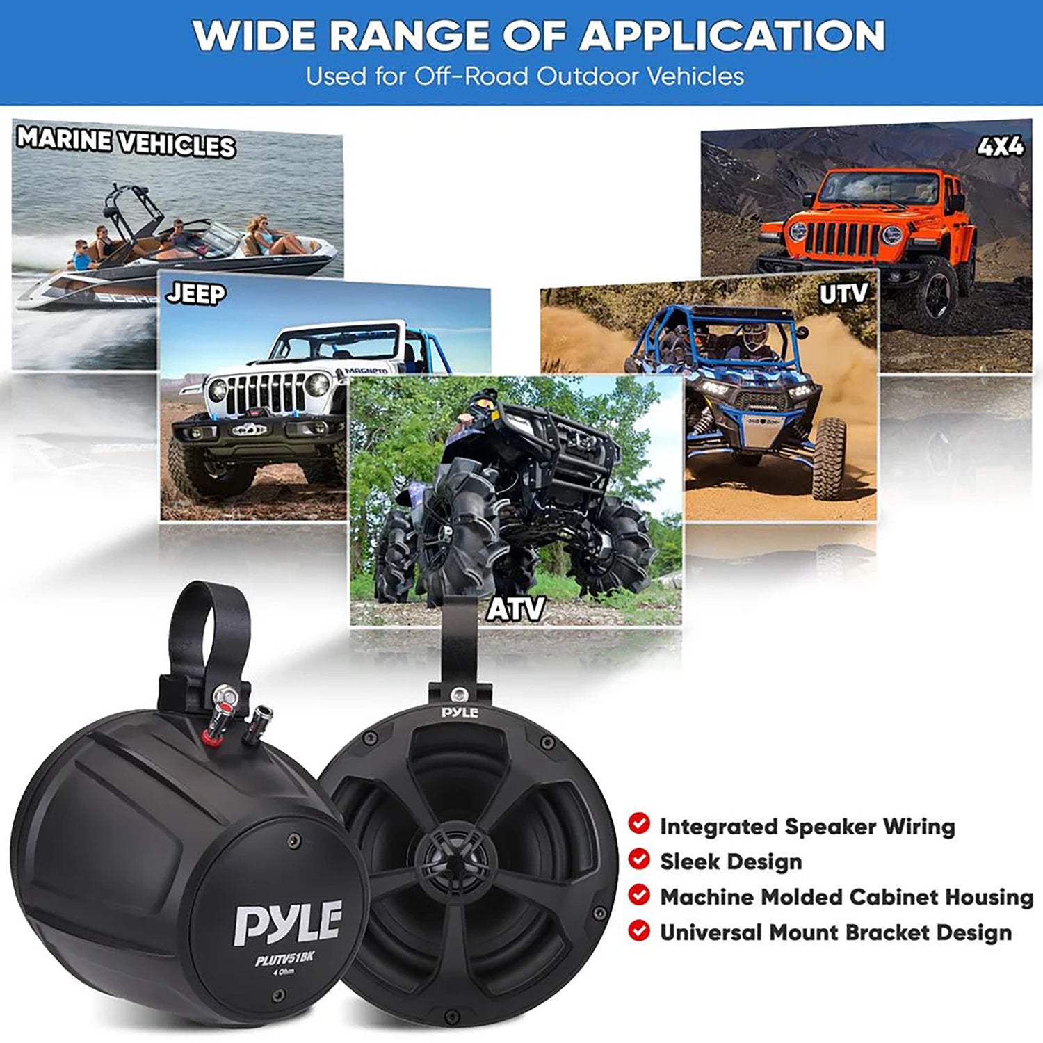 Pyle PLUTV51BK 5.25-In. 2-Way Full-Range Marine/UTV/Powersport Off-Road Speakers, 1000 Watts, 4 Ohms, Waterproof, Universal Brackets, Pair
