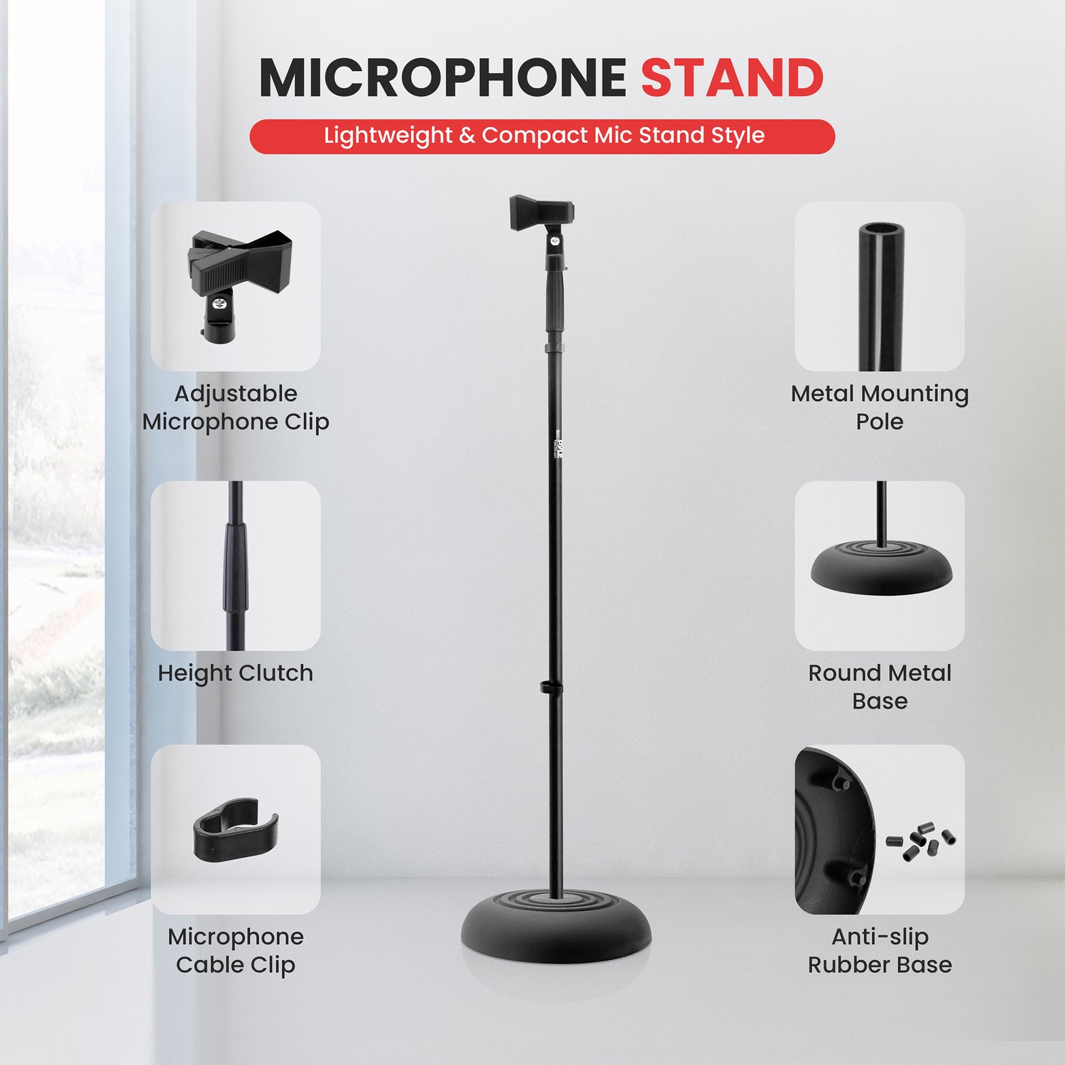 Pyle Universal Microphone Stand with Adjustable Height, Microphone Clip, and Heavy Compact Base, 2 Pack