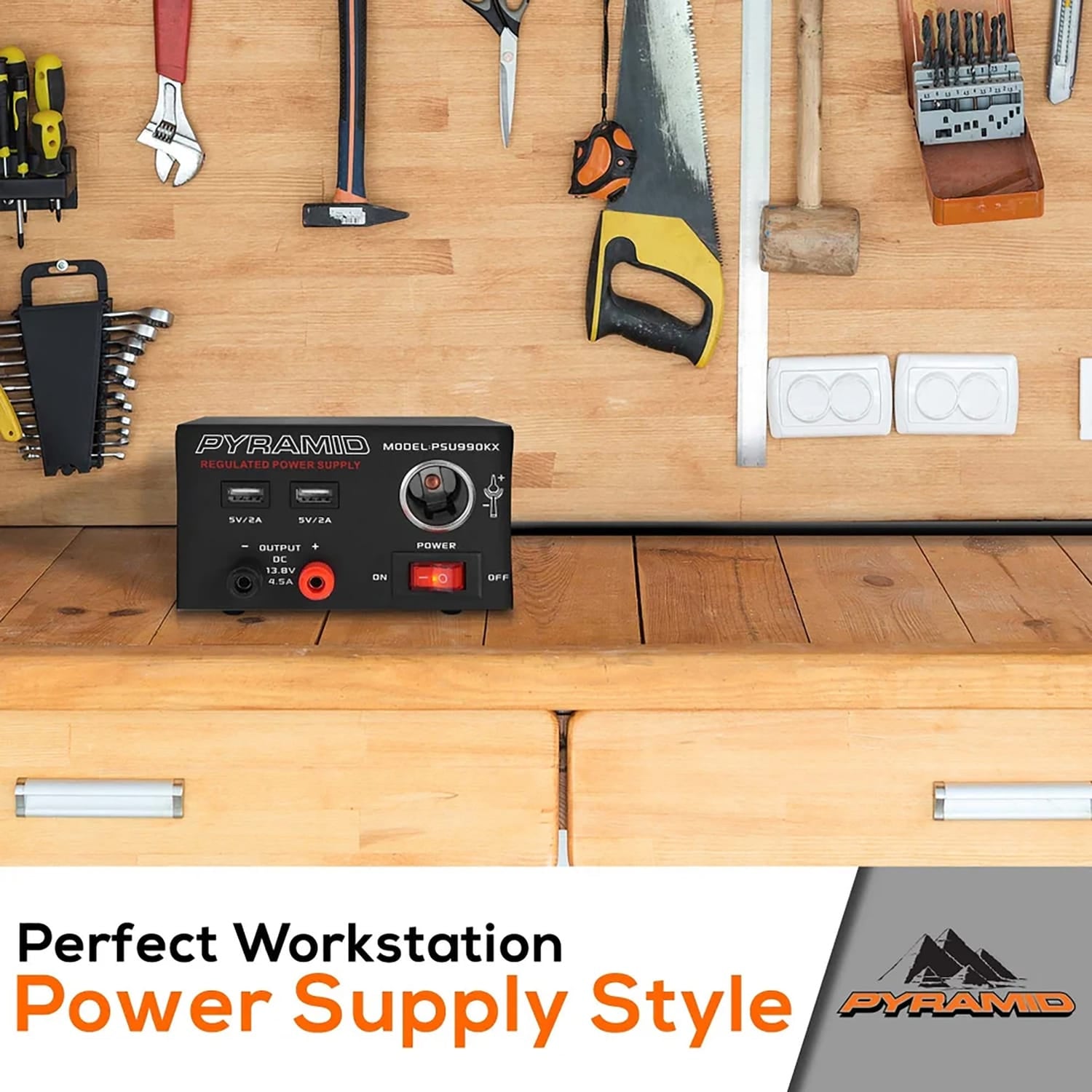 Pyramid Car Audio Hobbyist Desktop Bench Power Supply, AC to DC Power Converter with Dual USB Charging Ports and 12-Volt 4.5-Amp Plug, PSU990KX