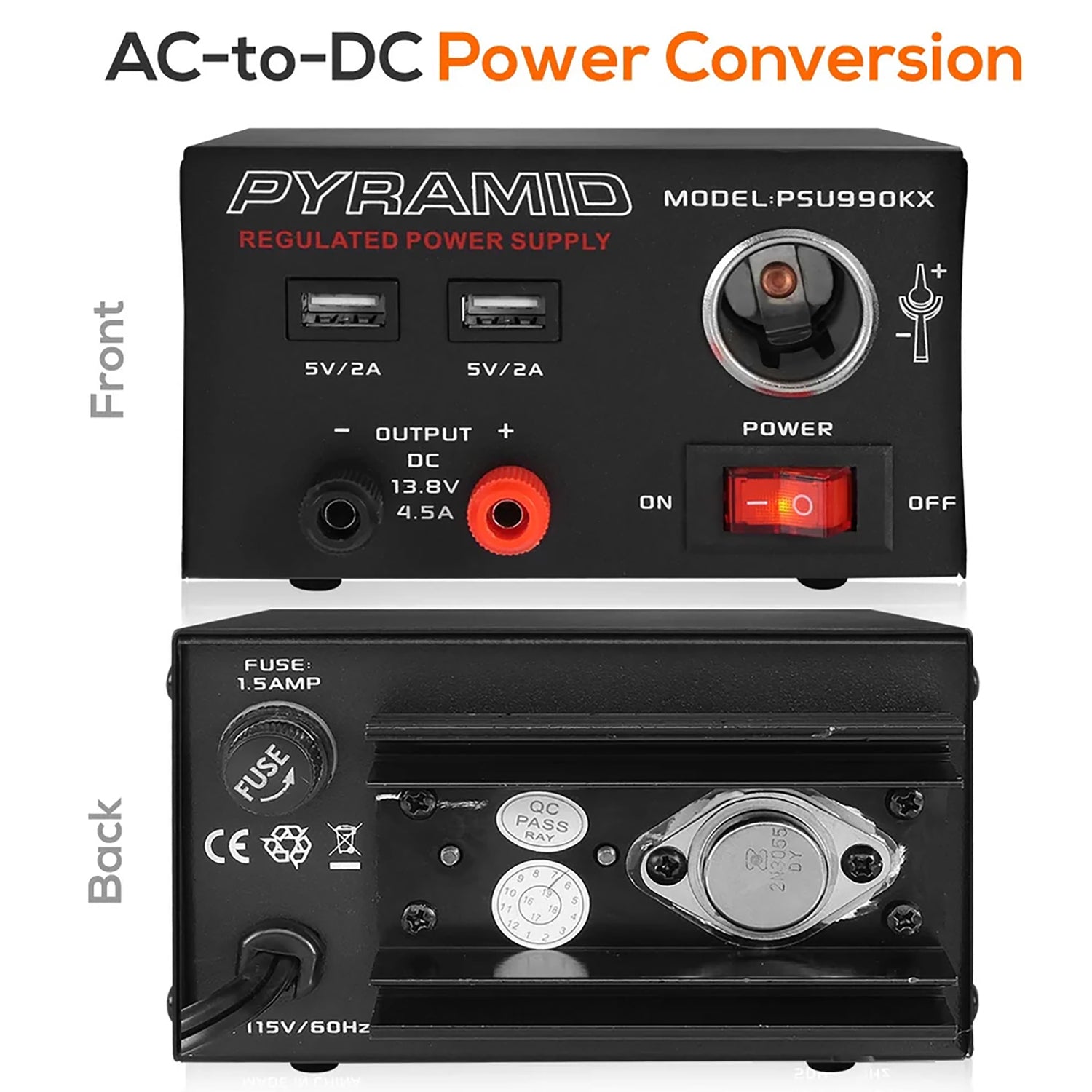Pyramid Car Audio Hobbyist Desktop Bench Power Supply, AC to DC Power Converter with Dual USB Charging Ports and 12-Volt 4.5-Amp Plug, PSU990KX