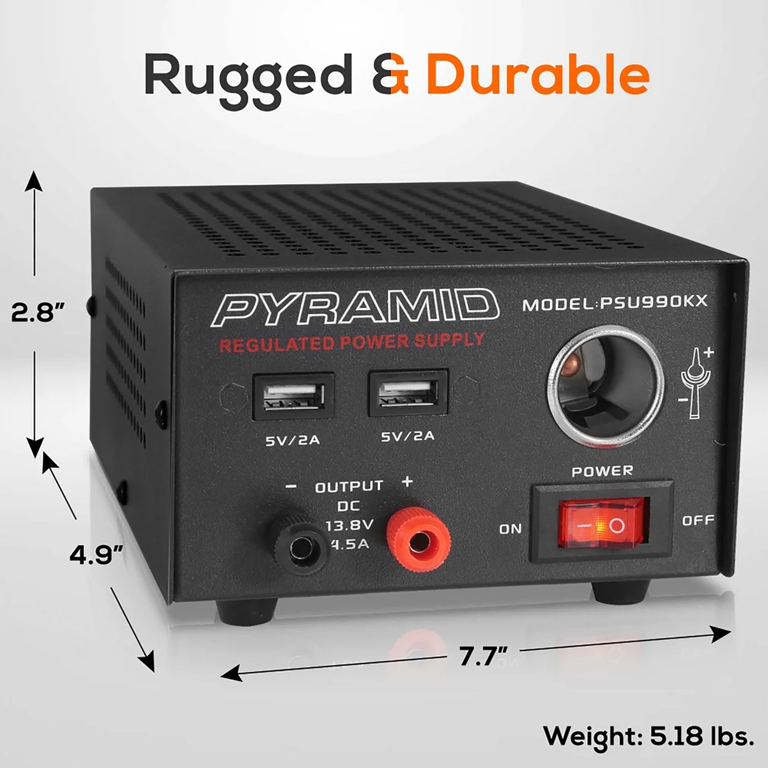 Pyramid Car Audio Hobbyist Desktop Bench Power Supply, AC to DC Power Converter with Dual USB Charging Ports and 12-Volt 4.5-Amp Plug, PSU990KX