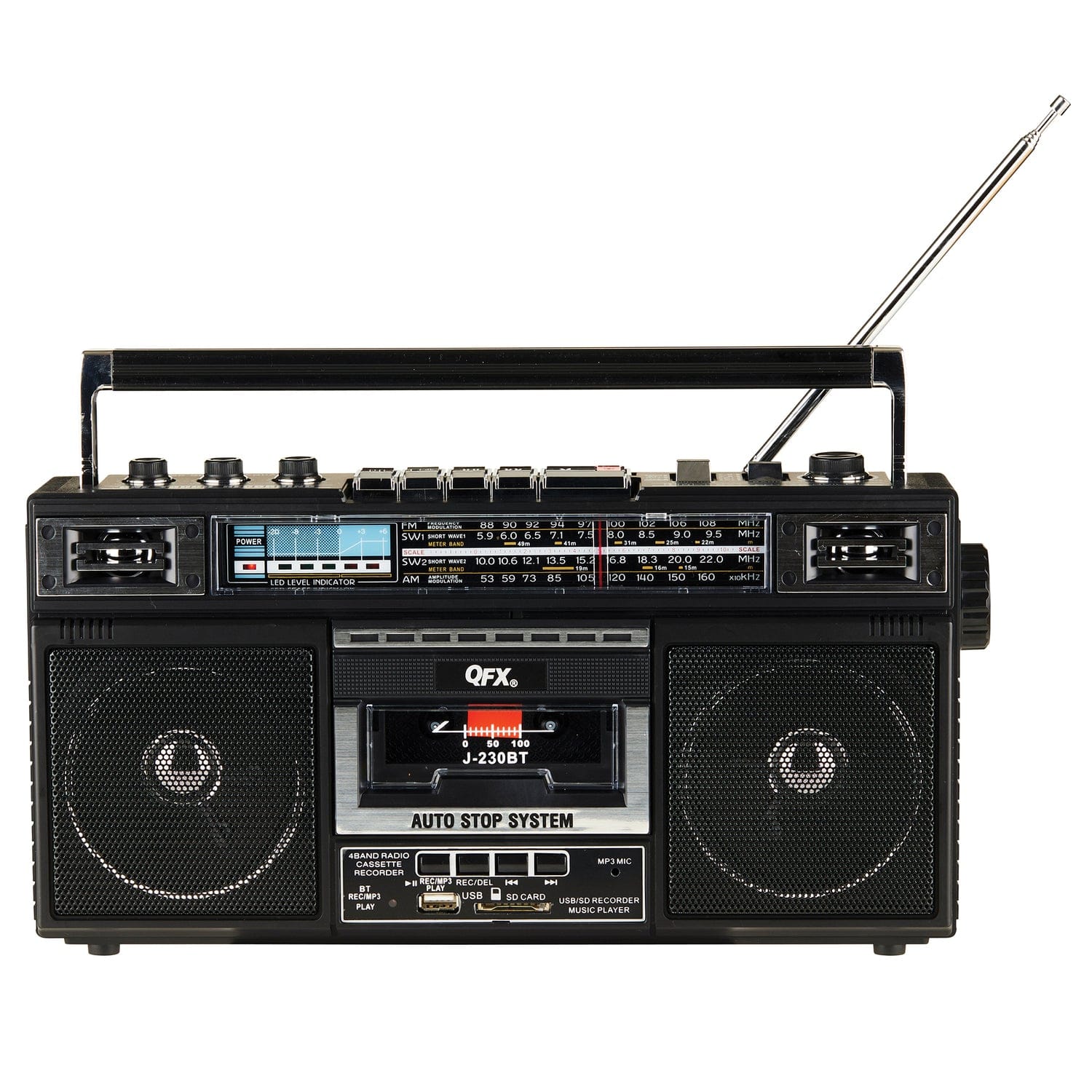 QFX Bluetooth Cassette USB/SD Card/AM/FM/SW1-2 Radio Boom Box with USB Recording and Built-in Microphone, Black, J-230BT