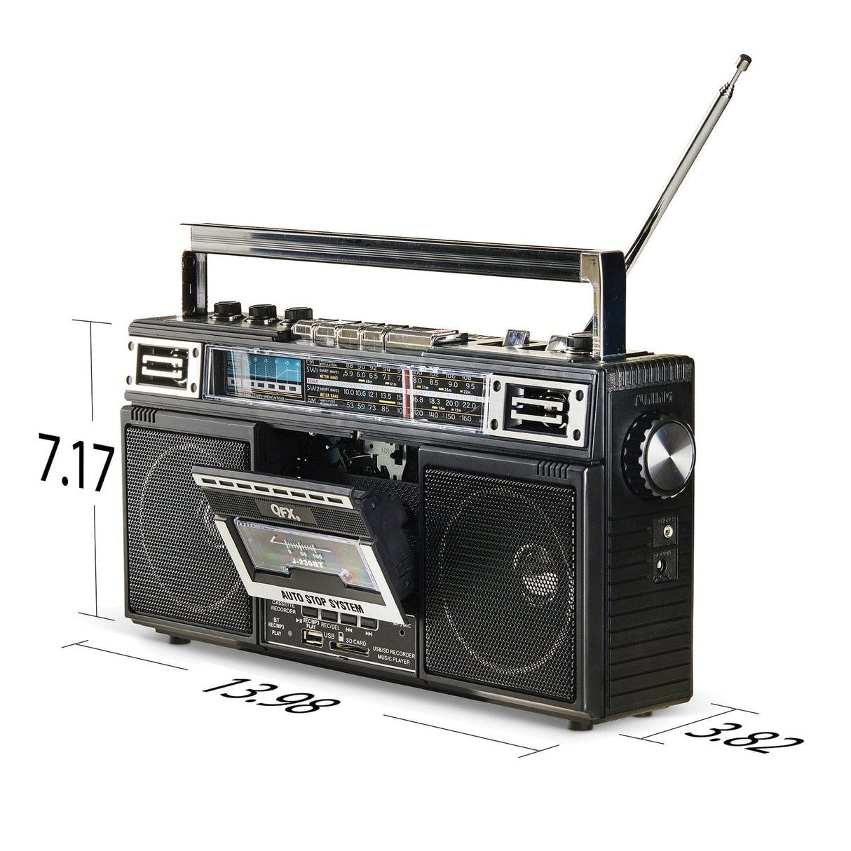 QFX Bluetooth Cassette USB/SD Card/AM/FM/SW1-2 Radio Boom Box with USB Recording and Built-in Microphone, Black, J-230BT