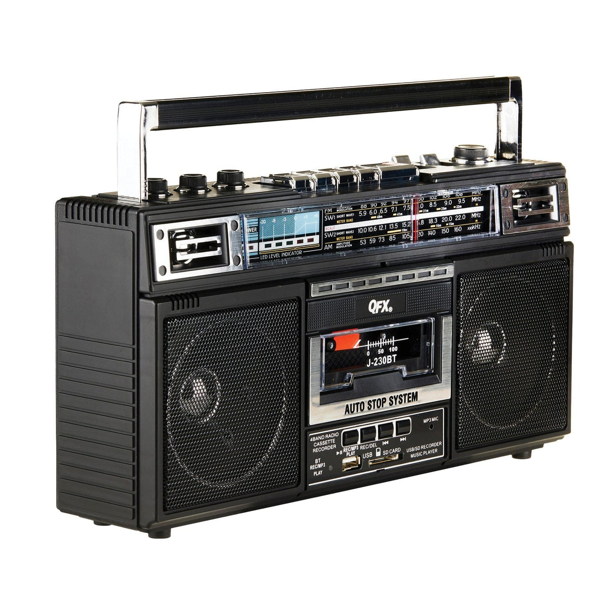 QFX Bluetooth Cassette USB/SD Card/AM/FM/SW1-2 Radio Boom Box with USB Recording and Built-in Microphone, Black, J-230BT