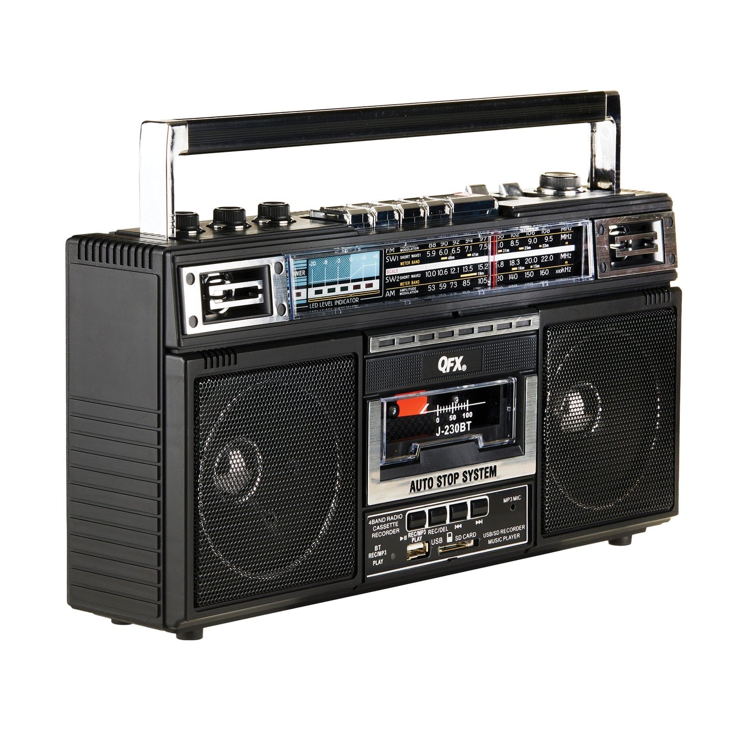QFX Bluetooth Cassette USB/SD Card/AM/FM/SW1-2 Radio Boom Box with USB Recording and Built-in Microphone, Black, J-230BT