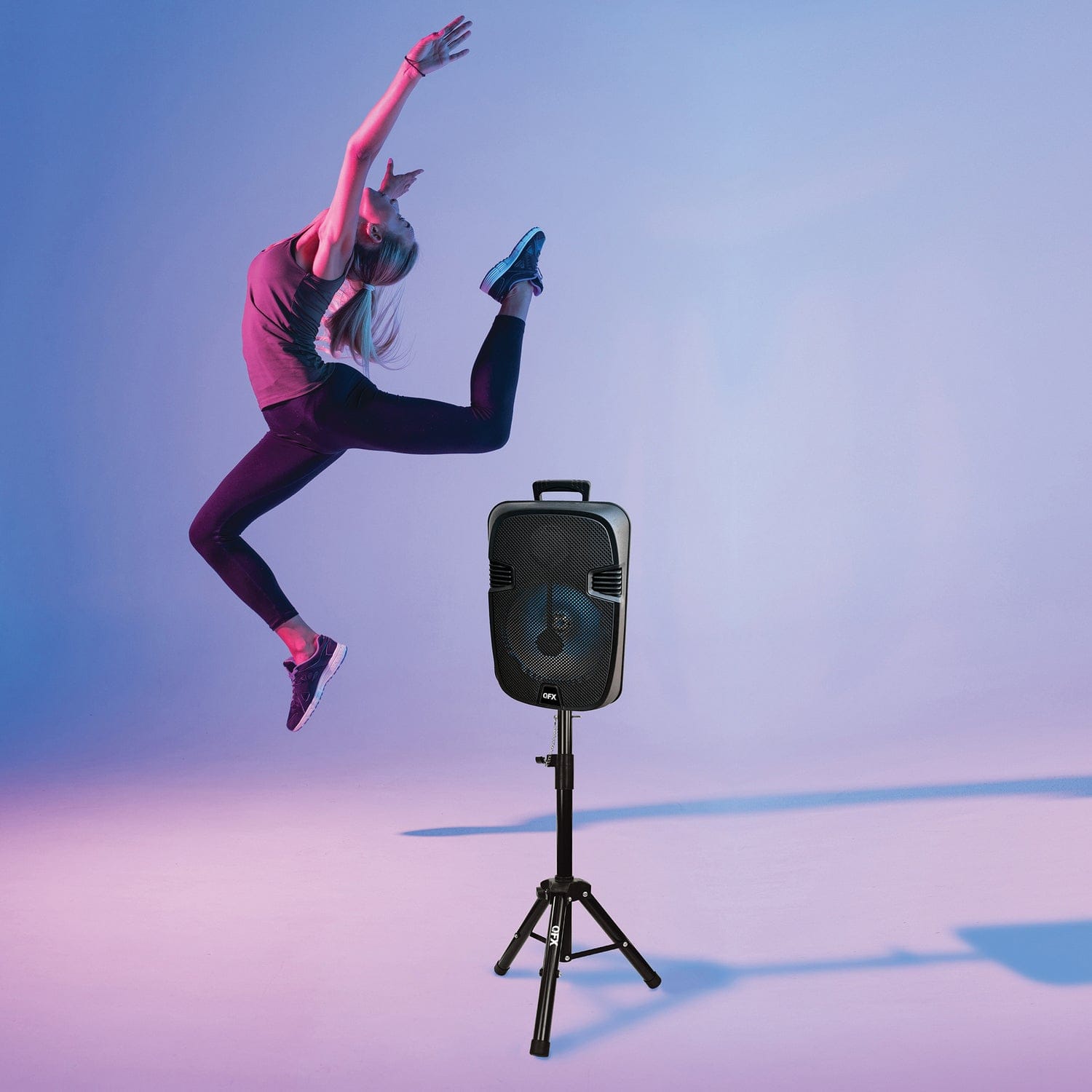 QFX PBX-1206SM 12-In. 21-Watt True Wireless Stereo Bluetooth Rechargeable Speaker with Wired Microphone, Stand, and Remote