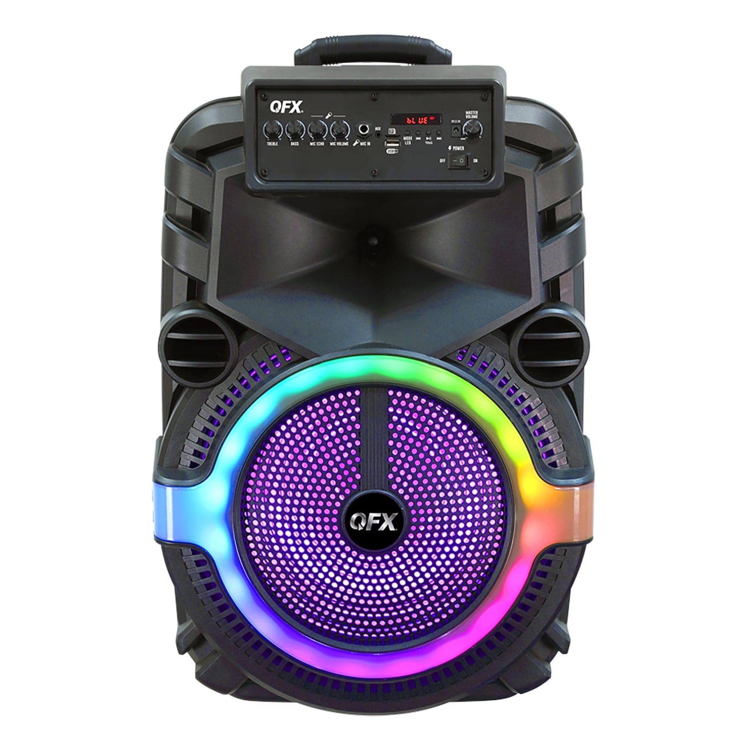 QFX Portable Bluetooth True Wireless Speaker with LEDs, Wired Microphone, and Stand, and Remote Black, PBX-158SM