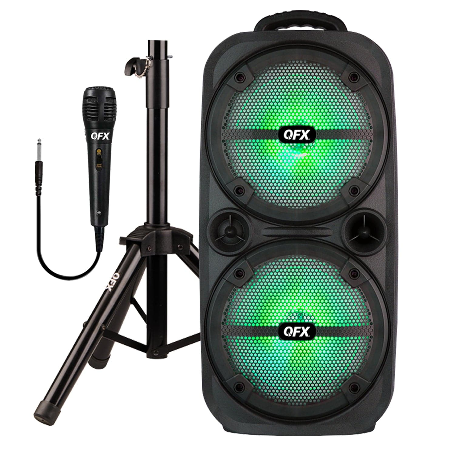 QFX Portable Bluetooth True Wireless Speaker with LEDs, Microphone, and Stand, Black, PBX-8008SM