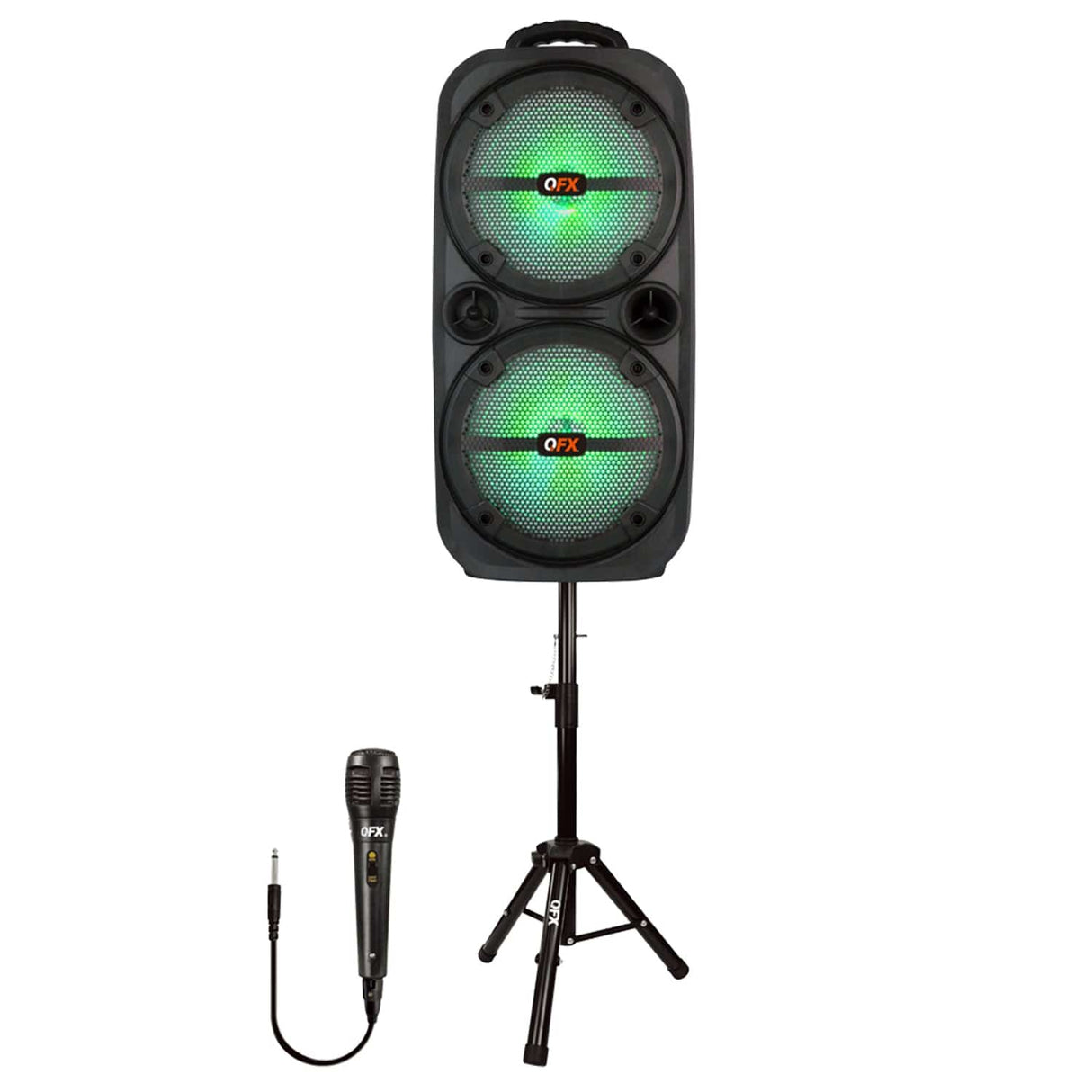 QFX Portable Bluetooth True Wireless Speaker with LEDs, Microphone, and Stand, Black, PBX-8008SM