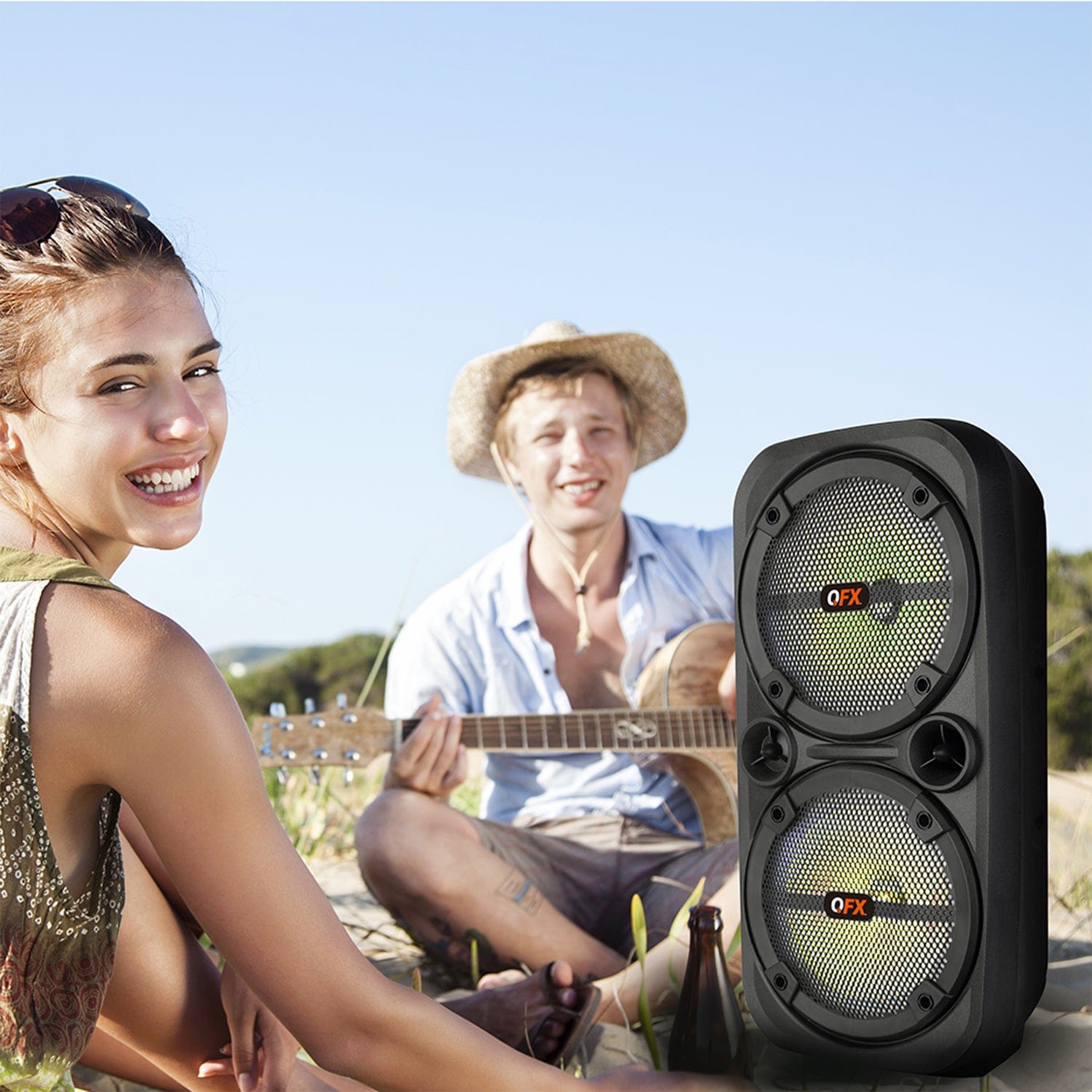 QFX Portable Bluetooth True Wireless Speaker with LEDs, Microphone, and Stand, Black, PBX-8008SM