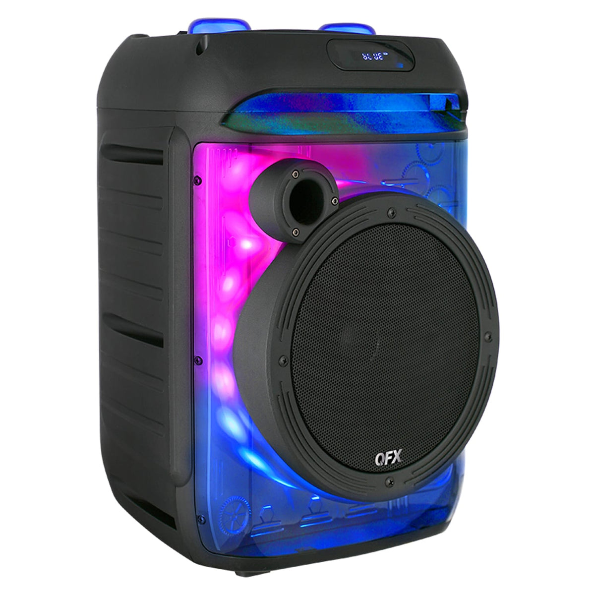 QFX 25-Watt-RMS Portable Bluetooth Rechargeable PBX-806 Party Speaker with 8-In. Woofer, Transparent Motion Lights, TWS/Wired/Wireless Mics, Remote