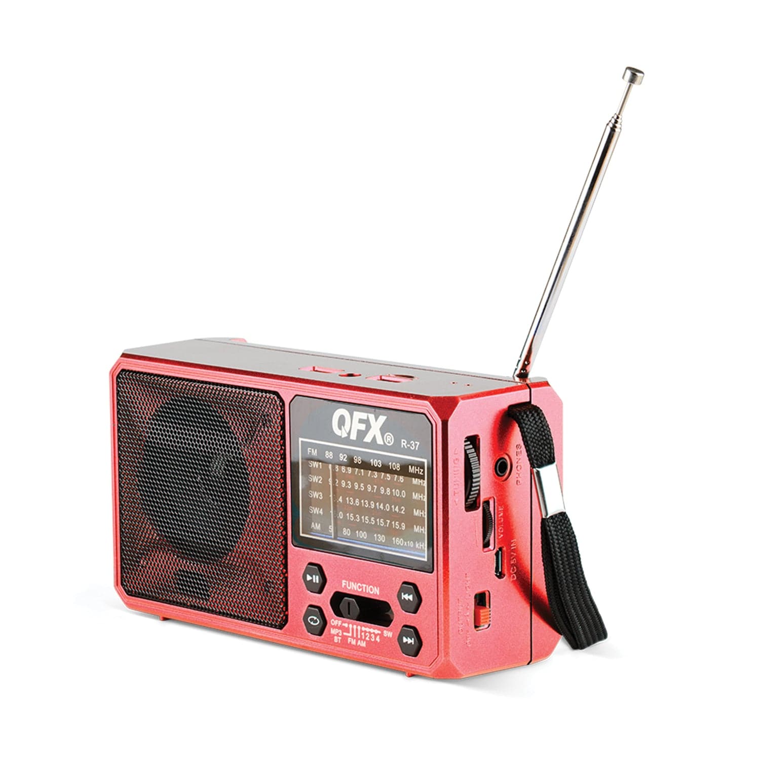 QFX Portable AM/FM/Shortwave Radio with Bluetooth, Flashlight, and Solar Panel, Red, R-37