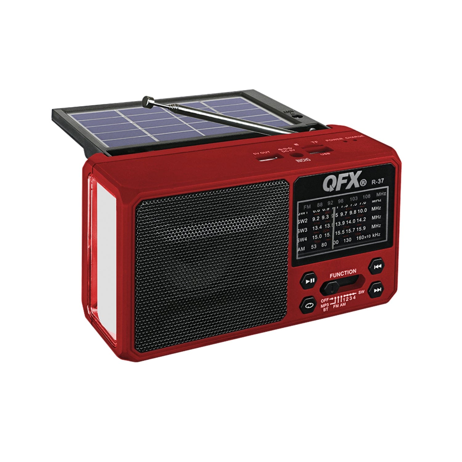 QFX Portable AM/FM/Shortwave Radio with Bluetooth, Flashlight, and Solar Panel, Red, R-37