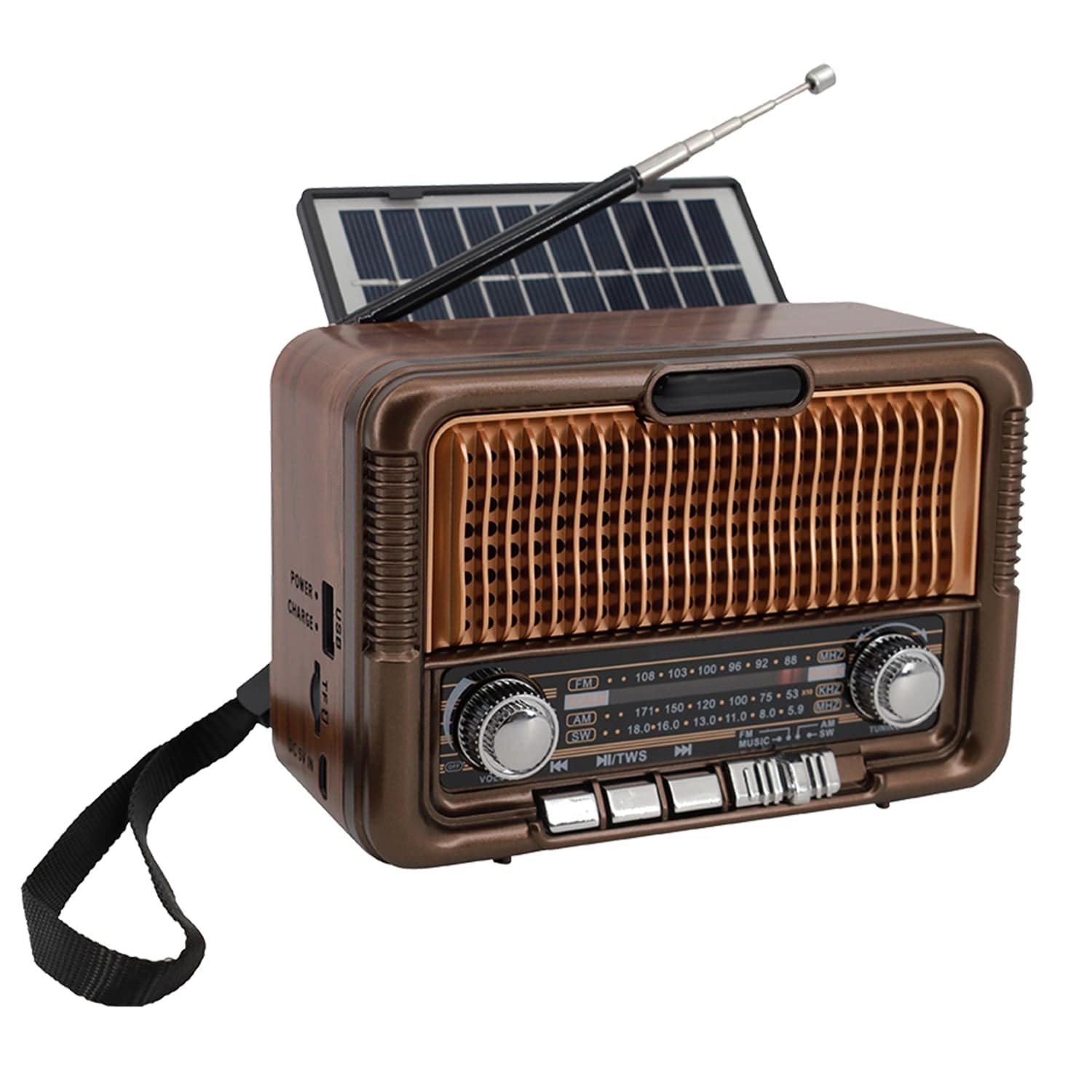 QFX Retro-Style Portable AM/FM/Shortwave Radio with Bluetooth, Solar Panel, and True Wireless, Brown, R-50