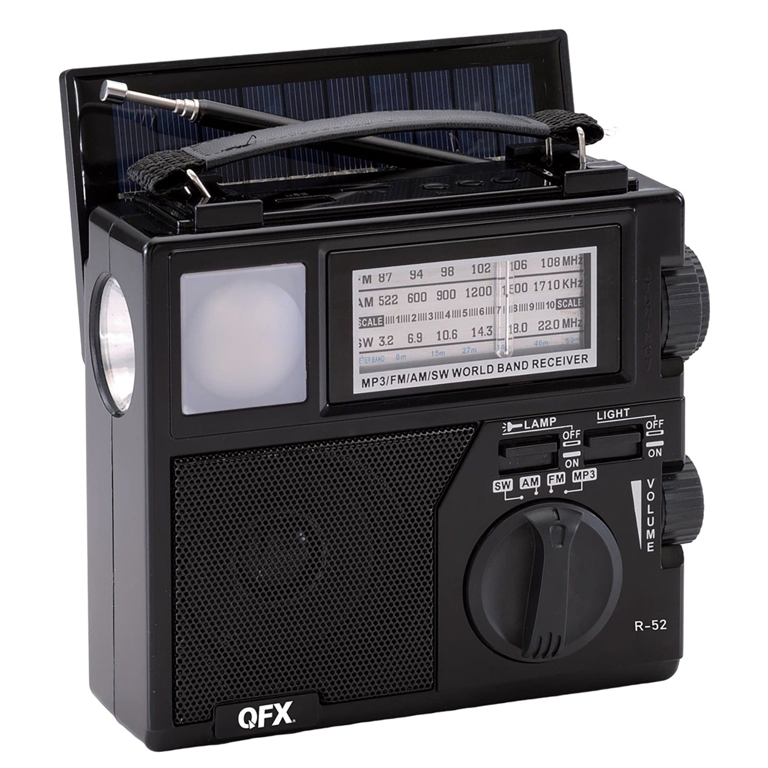 QFX Portable AM/FM/Shortwave Radio with Bluetooth, Flashlight, and Solar Panel, Black, R-52