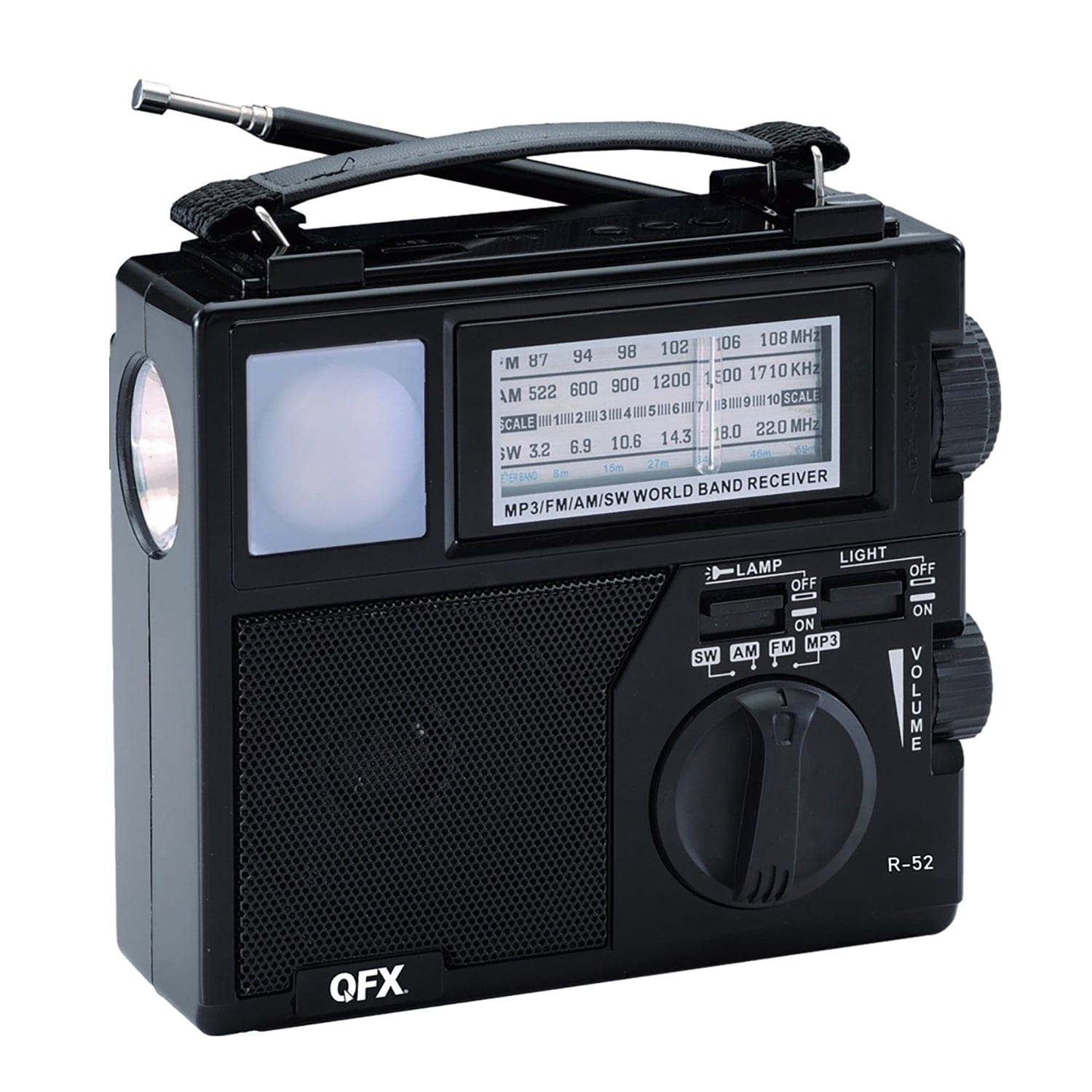 QFX Portable AM/FM/Shortwave Radio with Bluetooth, Flashlight, and Solar Panel, Black, R-52